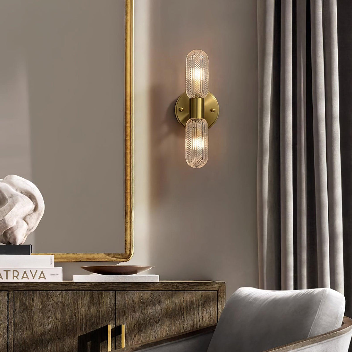 Eira Brass and Textured Glass Double Light Wall Sconce-Neutral Decor