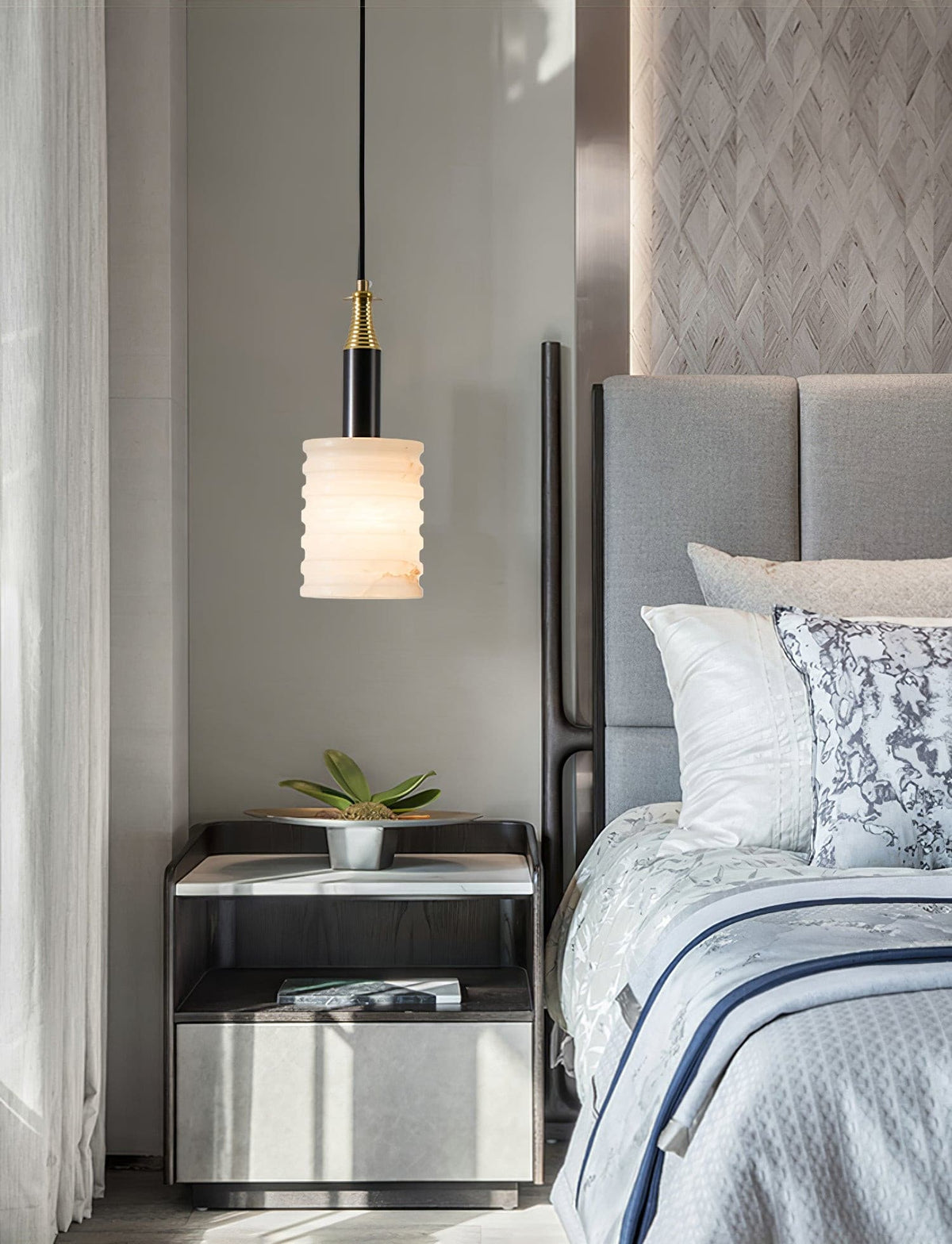Alabaster Pendant Lamp Ribbed Cylinder-Neutral Decor