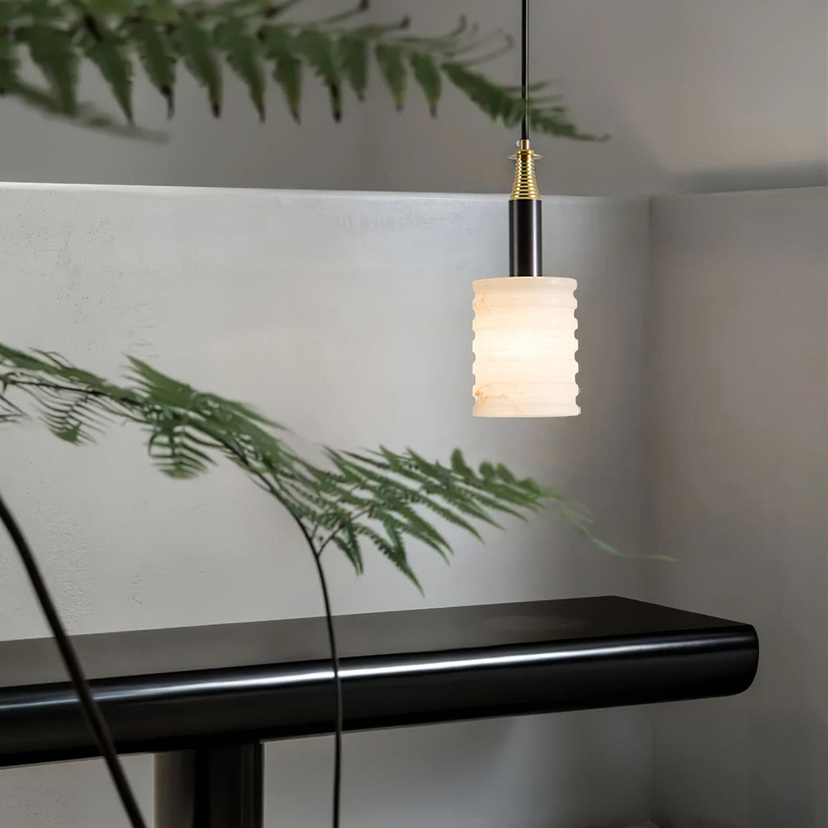 Alabaster Pendant Lamp Ribbed Cylinder-Neutral Decor