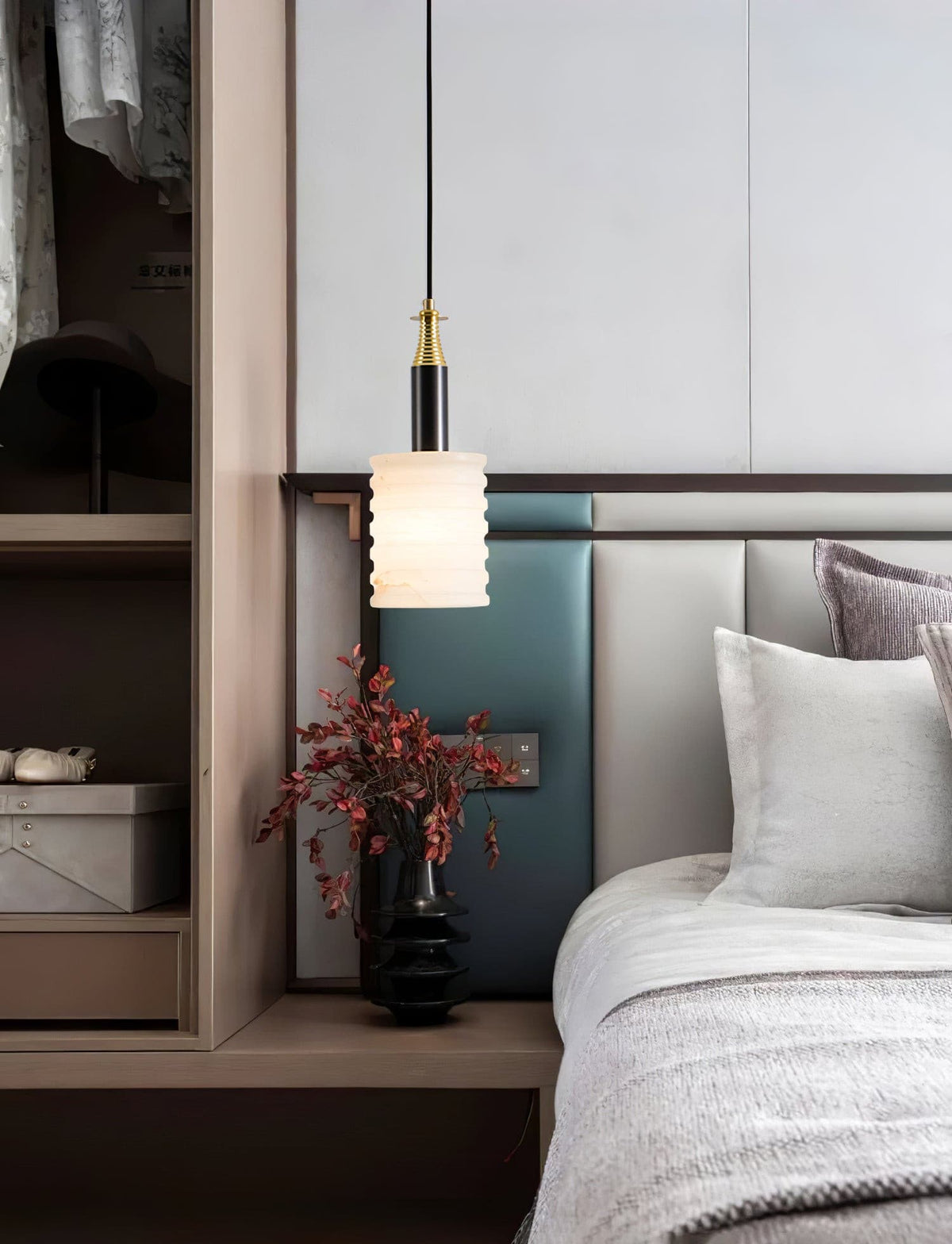Alabaster Pendant Lamp Ribbed Cylinder-Neutral Decor