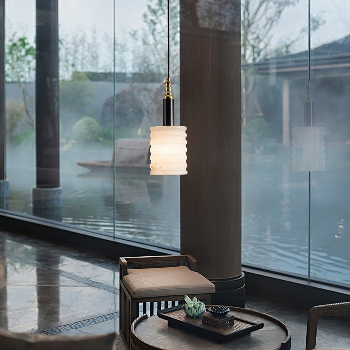 Alabaster Pendant Lamp Ribbed Cylinder-Neutral Decor