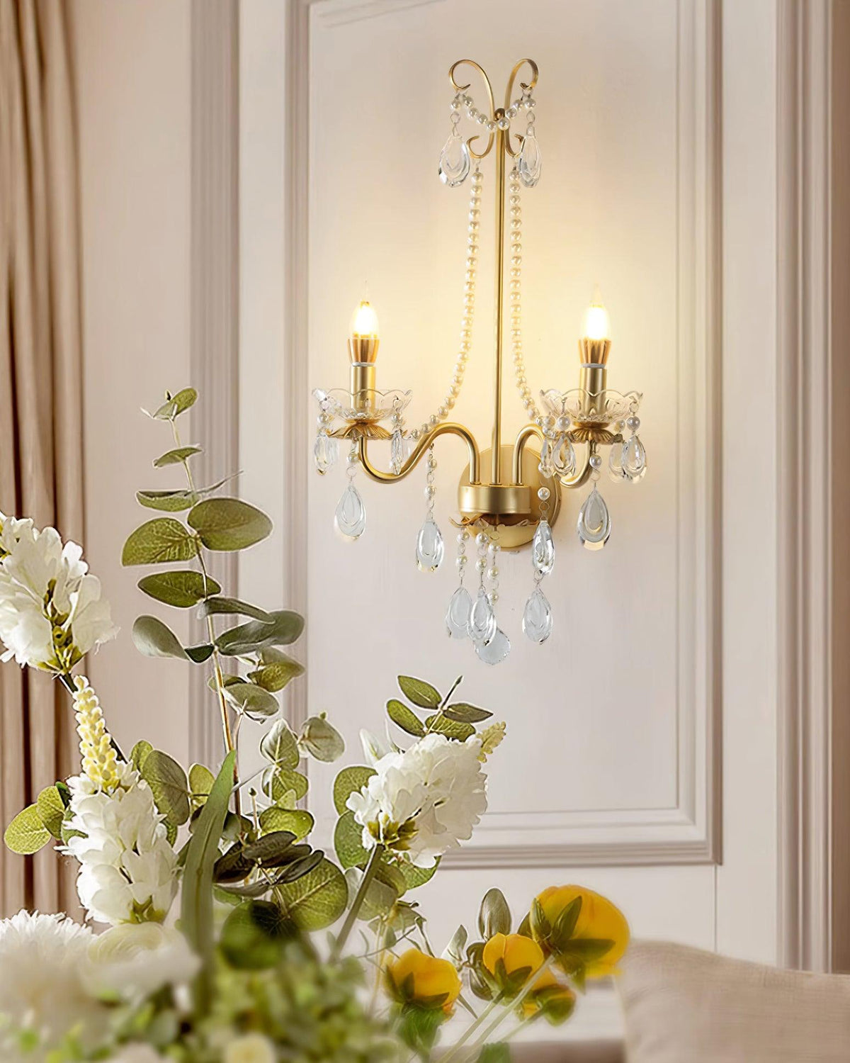 Wall Lamp Metal Crystal Pearls Ornate Elegant Chic Home Elegant-Neutral Decor