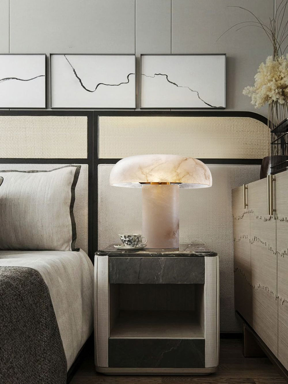 Table Lamp Alabaster Mushroom Shade Brass Base Sculptural Warm-Neutral Decor