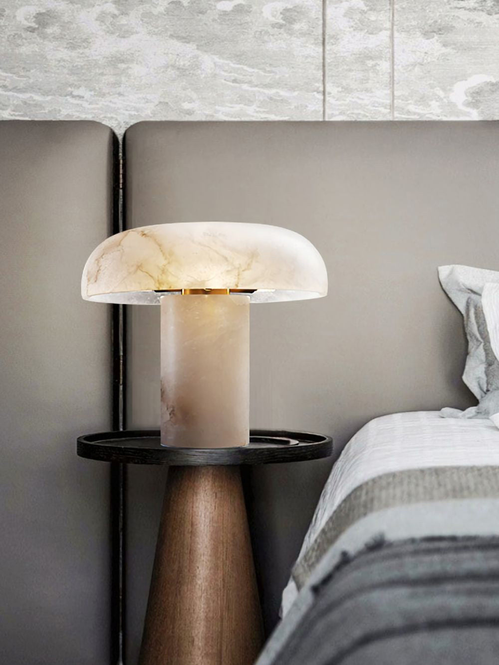 Table Lamp Alabaster Mushroom Shade Brass Base Sculptural Warm-Neutral Decor