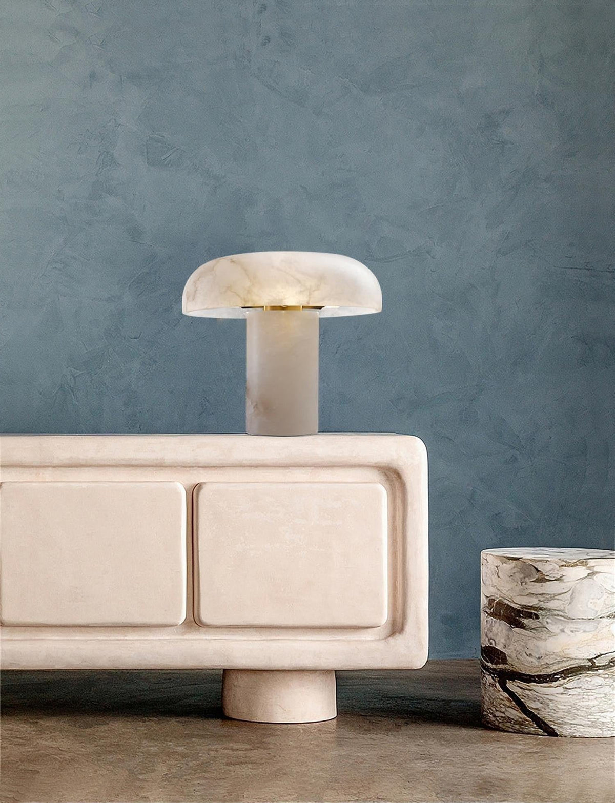 Table Lamp Alabaster Mushroom Shade Brass Base Sculptural Warm-Neutral Decor