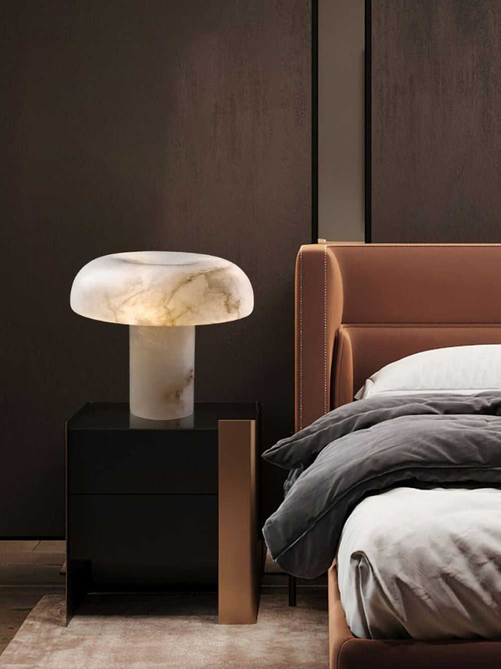 Table Lamp Alabaster Mushroom Shade Brass Base Sculptural Warm-Neutral Decor