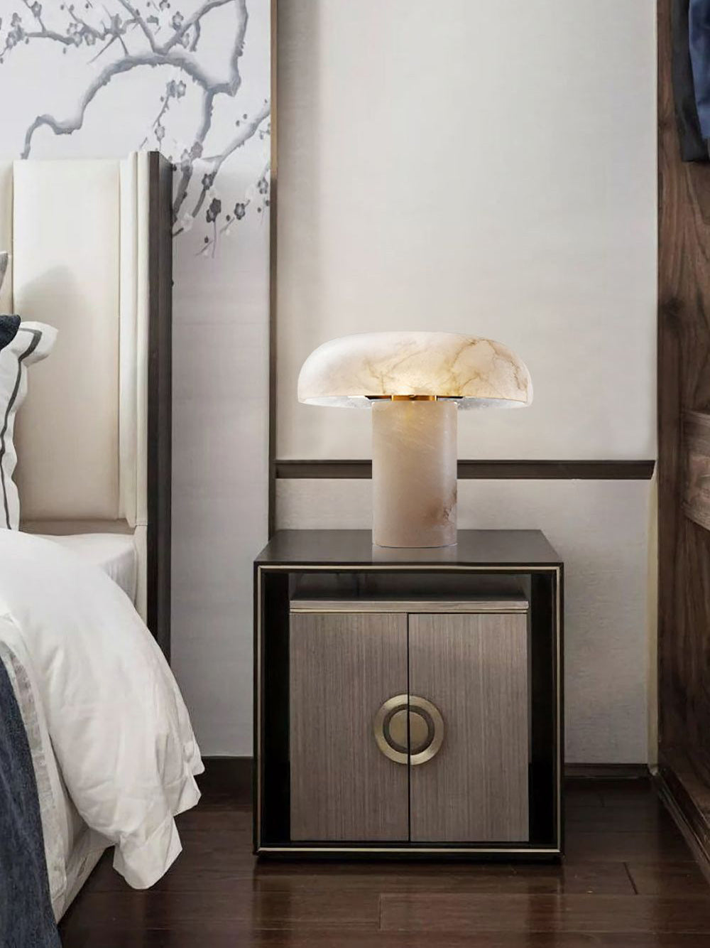 Table Lamp Alabaster Mushroom Shade Brass Base Sculptural Warm-Neutral Decor