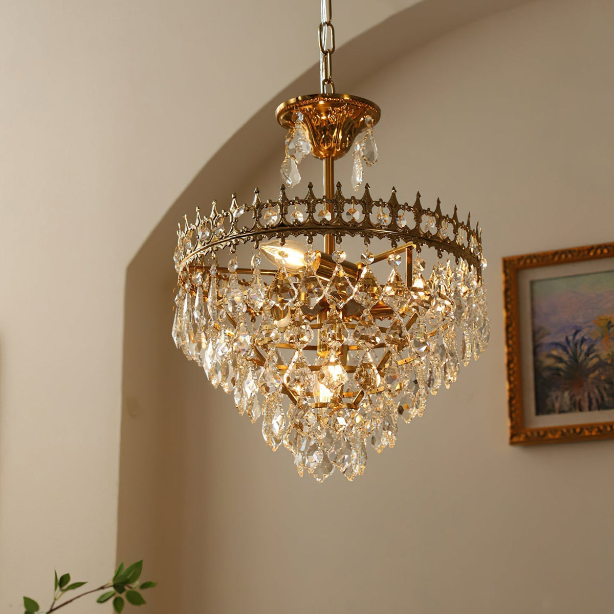 Lifestyle image of the Marilyn Chandelier in a chic dressing room.