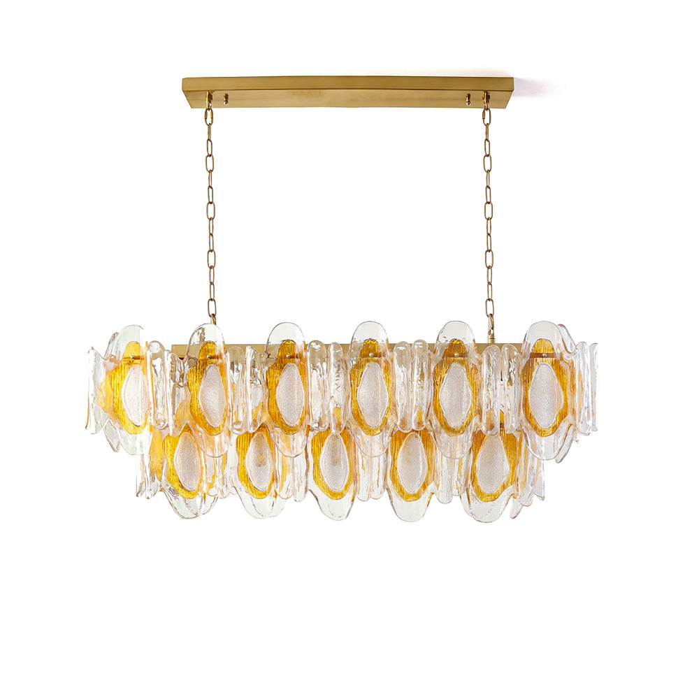 Marrina Long Glass Chandelier with amber and clear petals, front view.