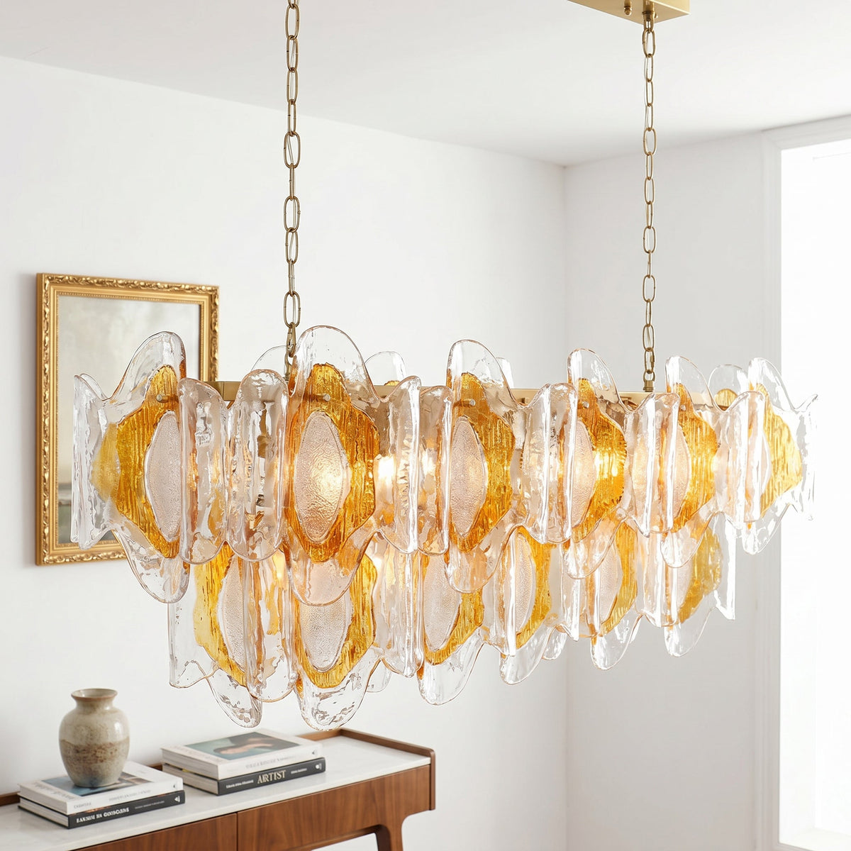 Side profile of the Marrina Long Glass Chandelier.