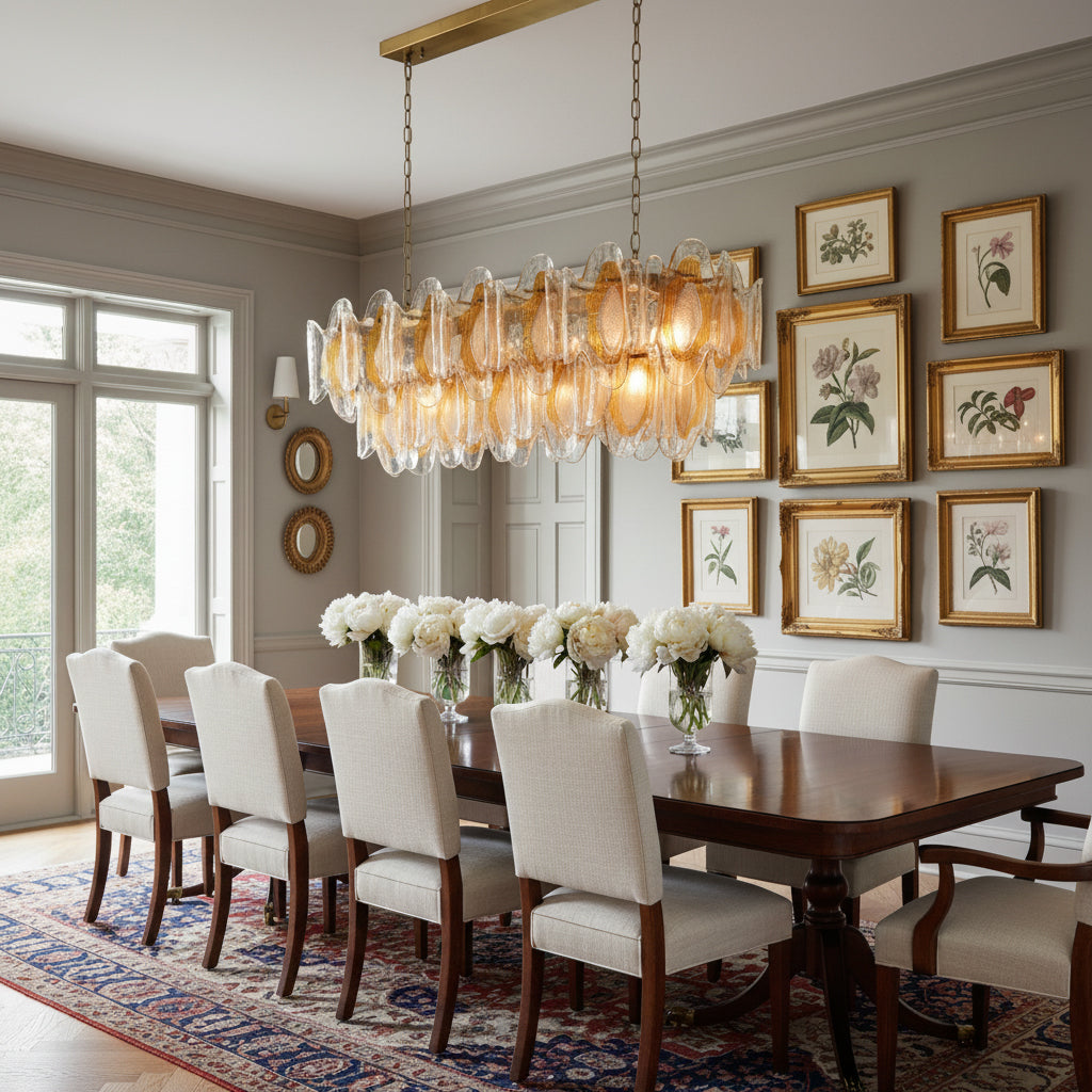 Angled view of the long Marrina Chandelier, highlighting its linear form.