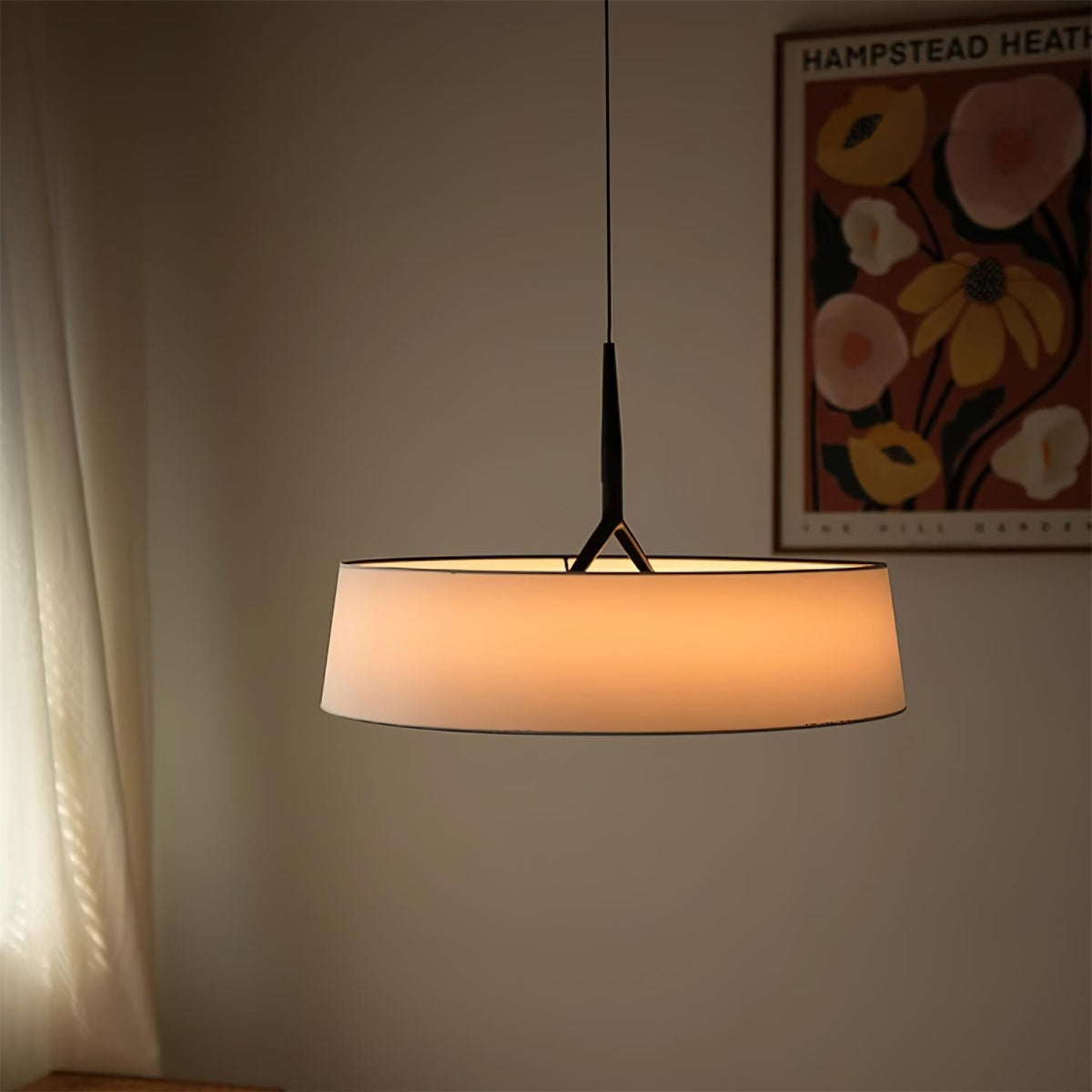 Liora Pendant Light White Fabric Drum Black Minimalist-Neutral Decor