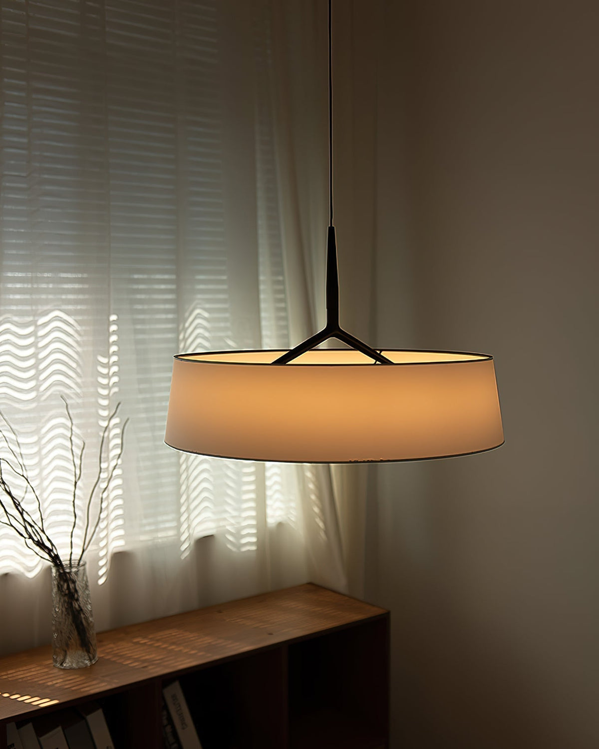 Liora Pendant Light White Fabric Drum Black Minimalist-Neutral Decor