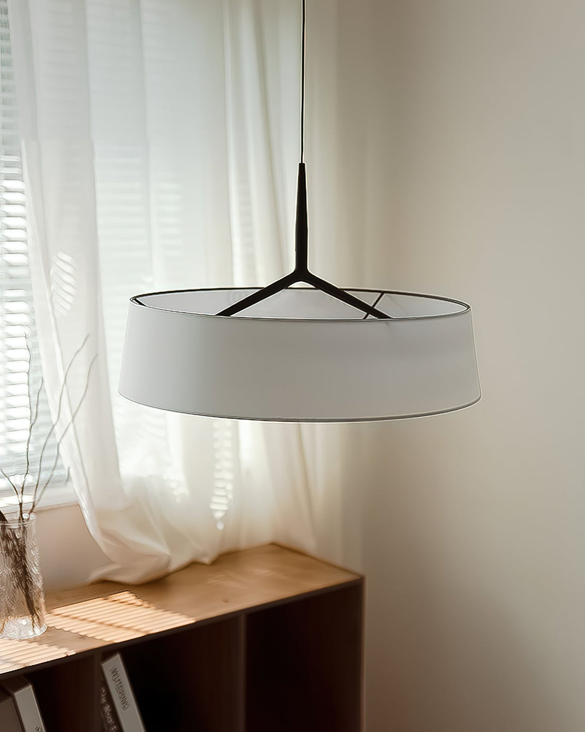 Liora Pendant Light White Fabric Drum Black Minimalist-Neutral Decor
