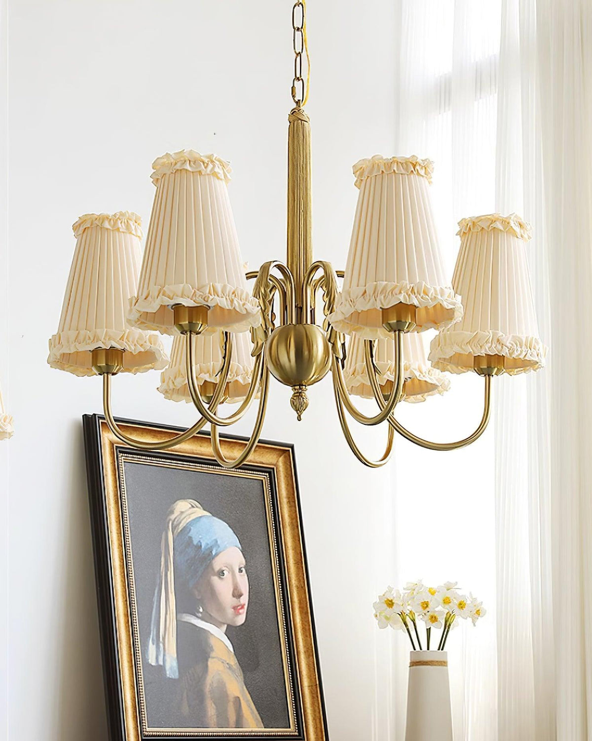 Faylin Vintage Brass Chandelier with Pleated Shades-Neutral Decor