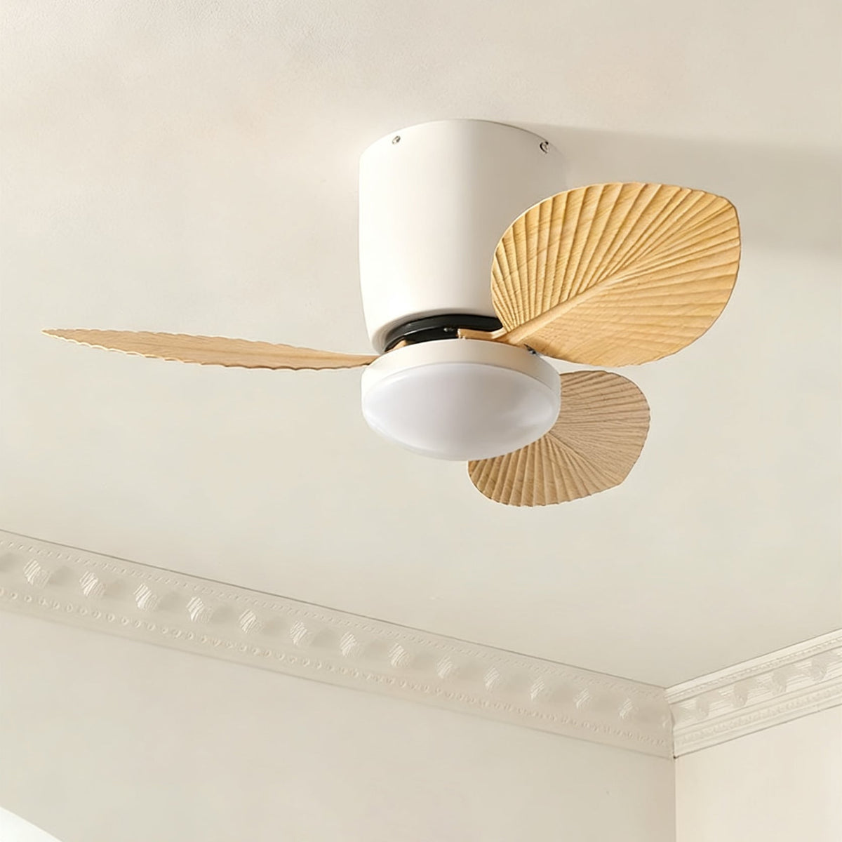 The Melorie fan in white finish, viewed from a low angle.
