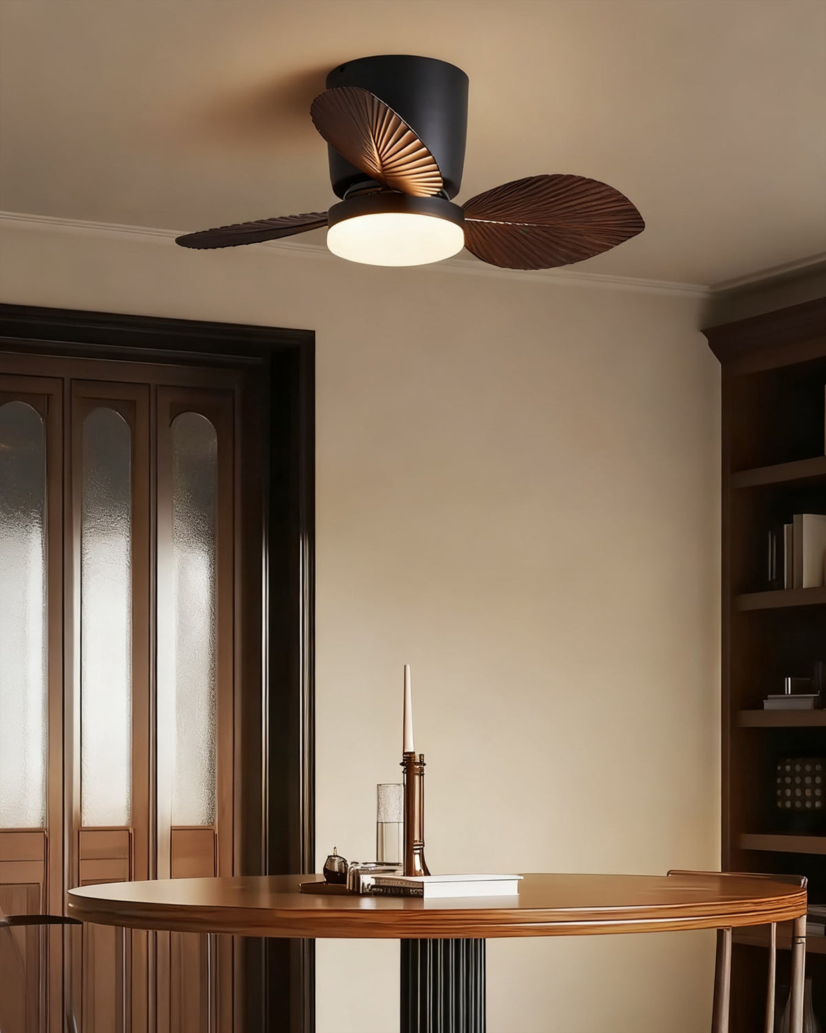 Detail shot of the metal housing for the Melorie Ceiling Fan Light.