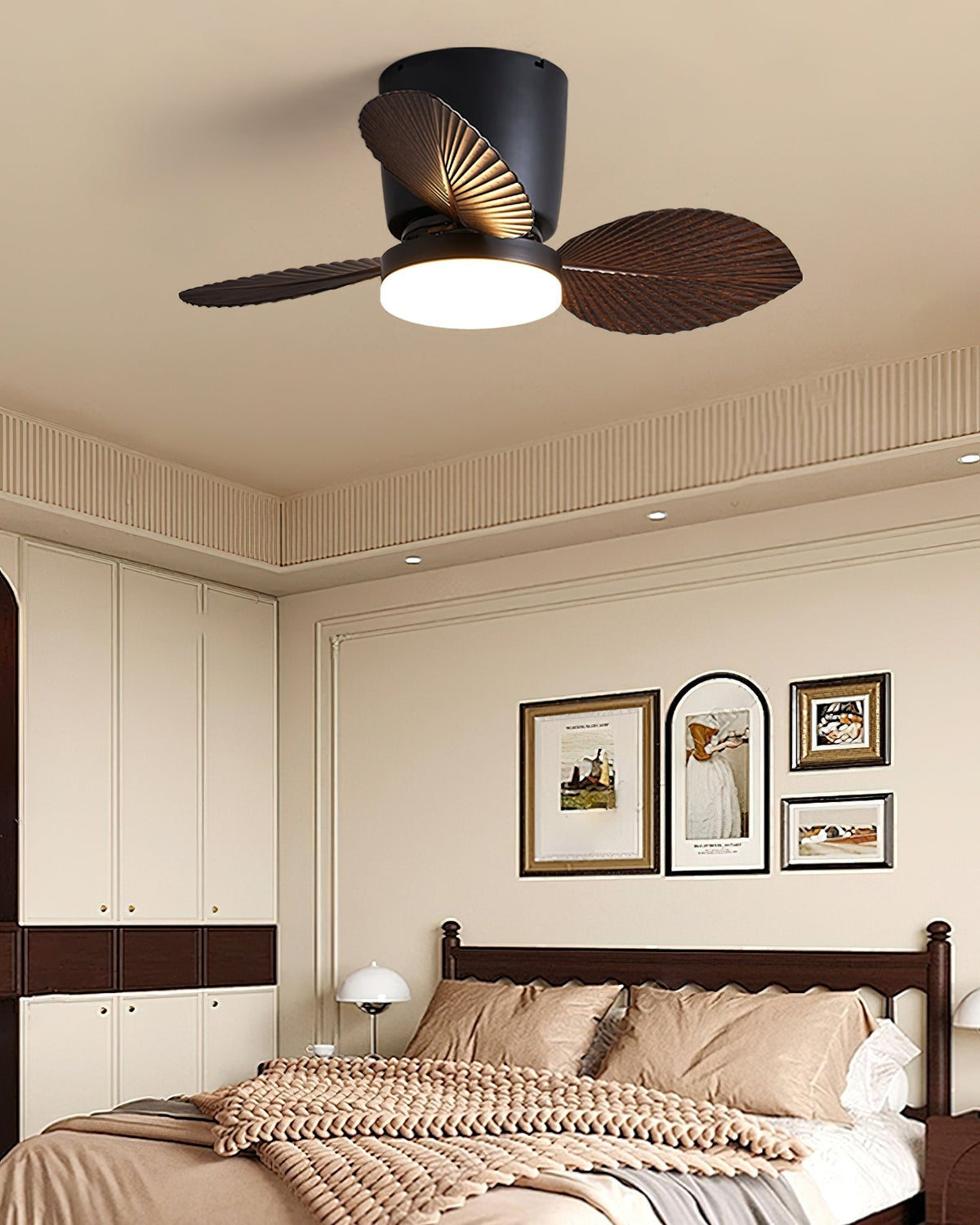 Side view of the white Melorie Ceiling Fan Light, highlighting its modern form.