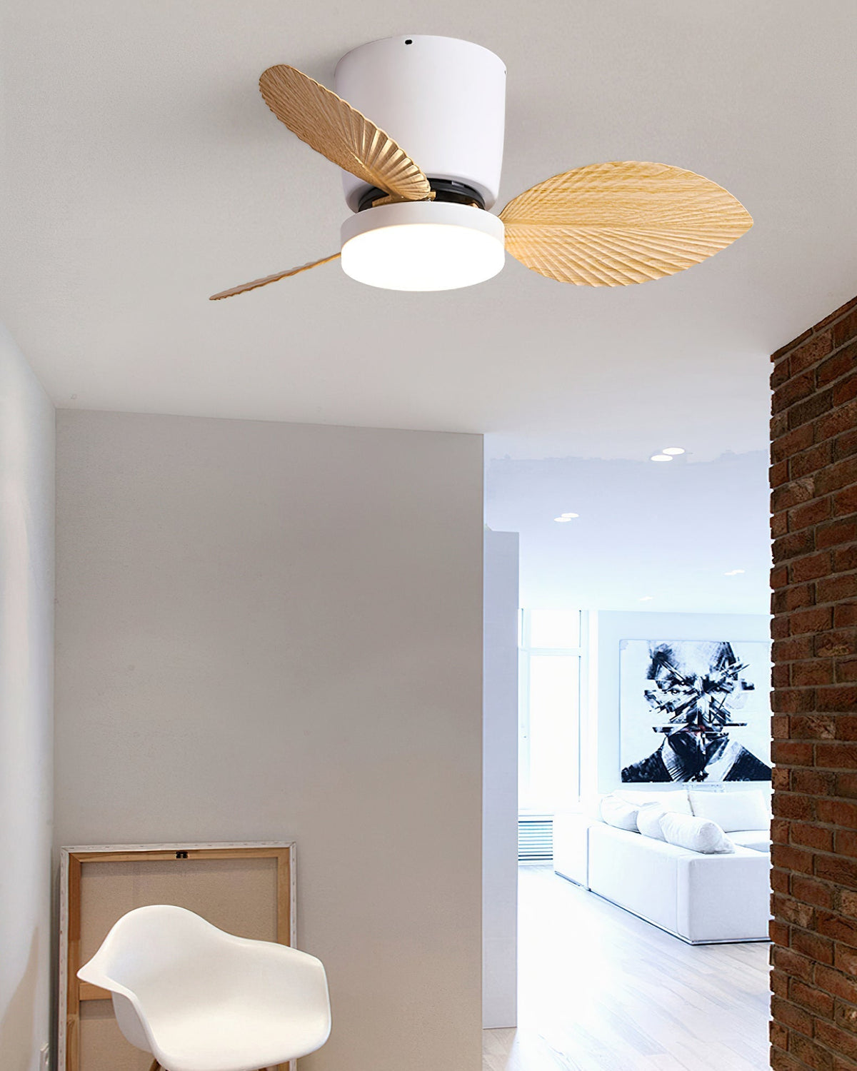 The black Melorie fan providing a bold contrast in a minimalist room.