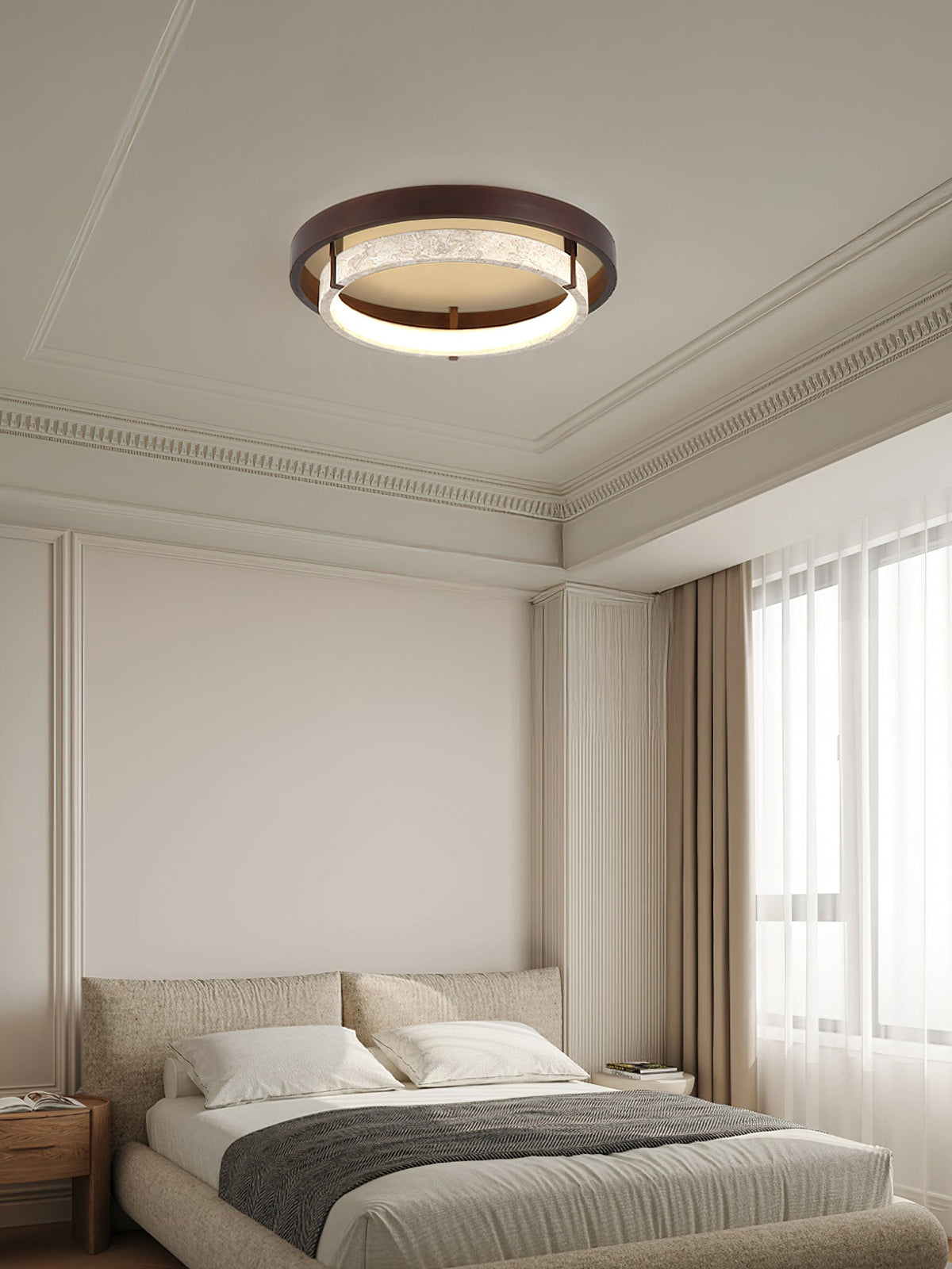 Detail shot of the rich walnut wood accent on the ceiling light.