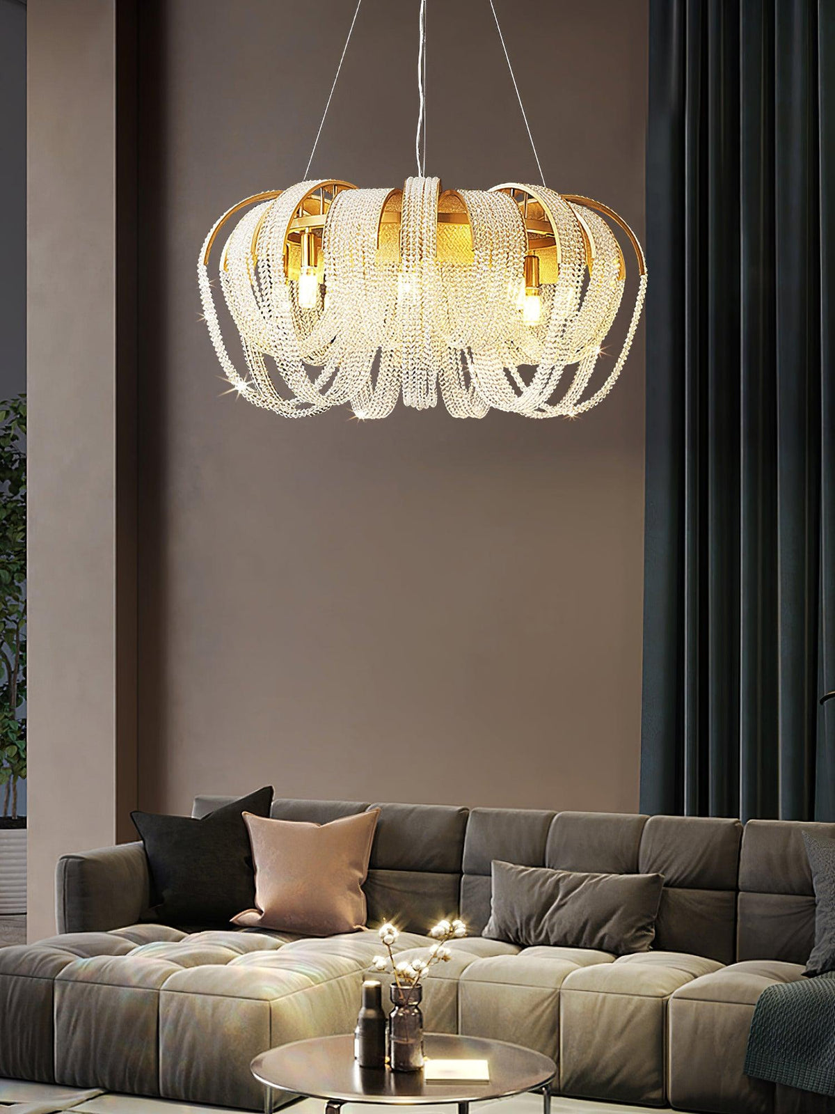 Cyressa Lustre Maille Cristal Doré Cascade Scintillante