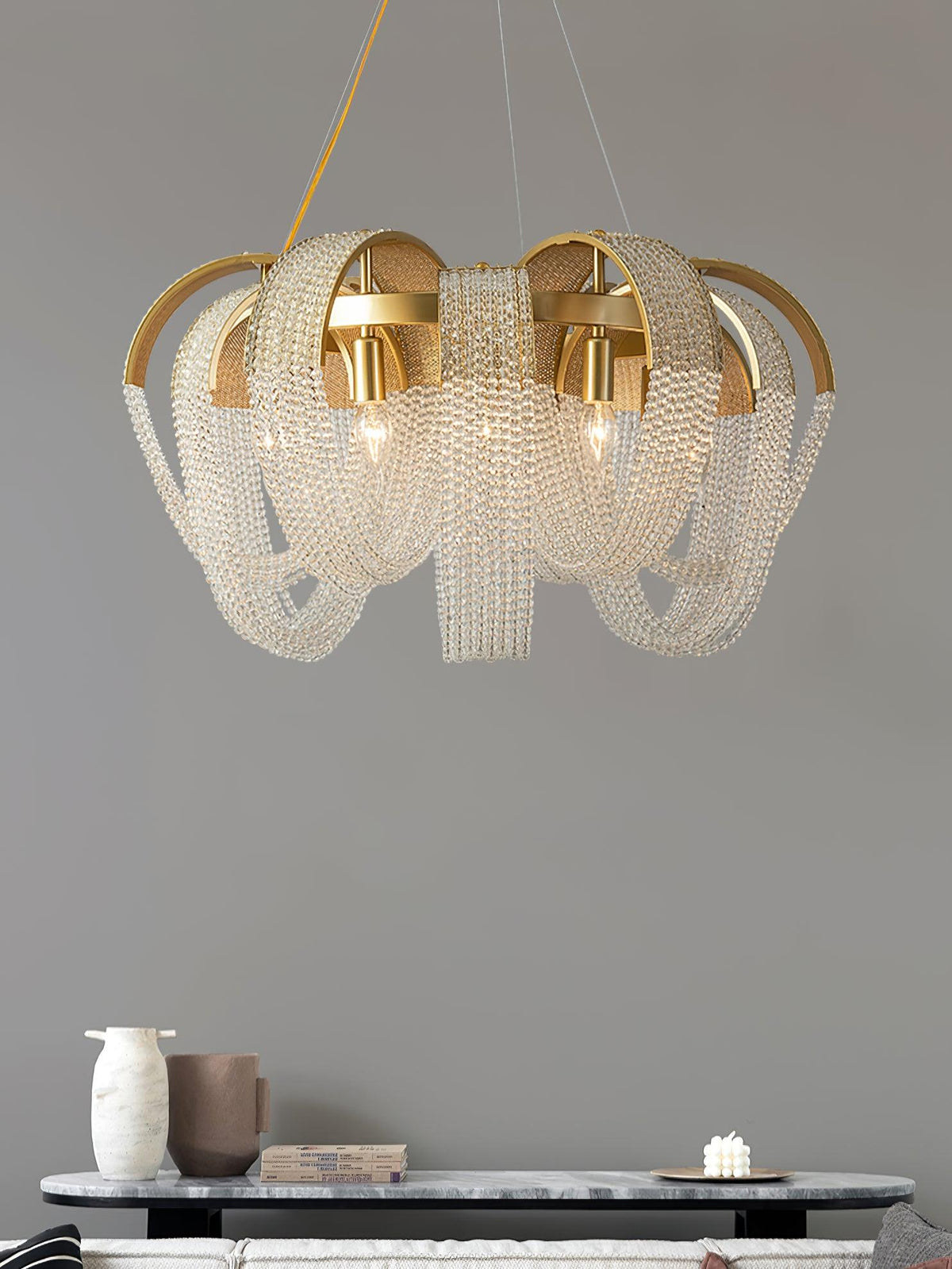 Cyressa Lustre Maille Cristal Doré Cascade Scintillante