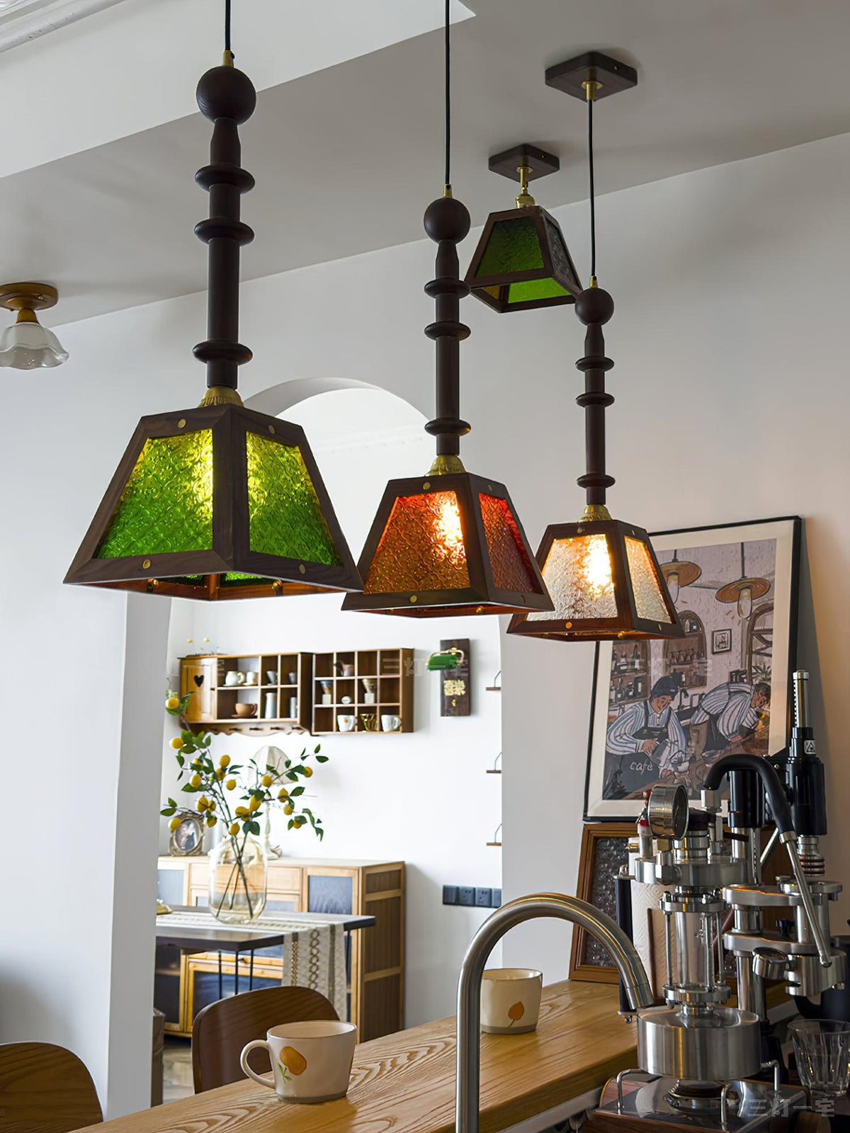 Eldaine Lampe Suspension en Verre et Bois à Style Vintage
