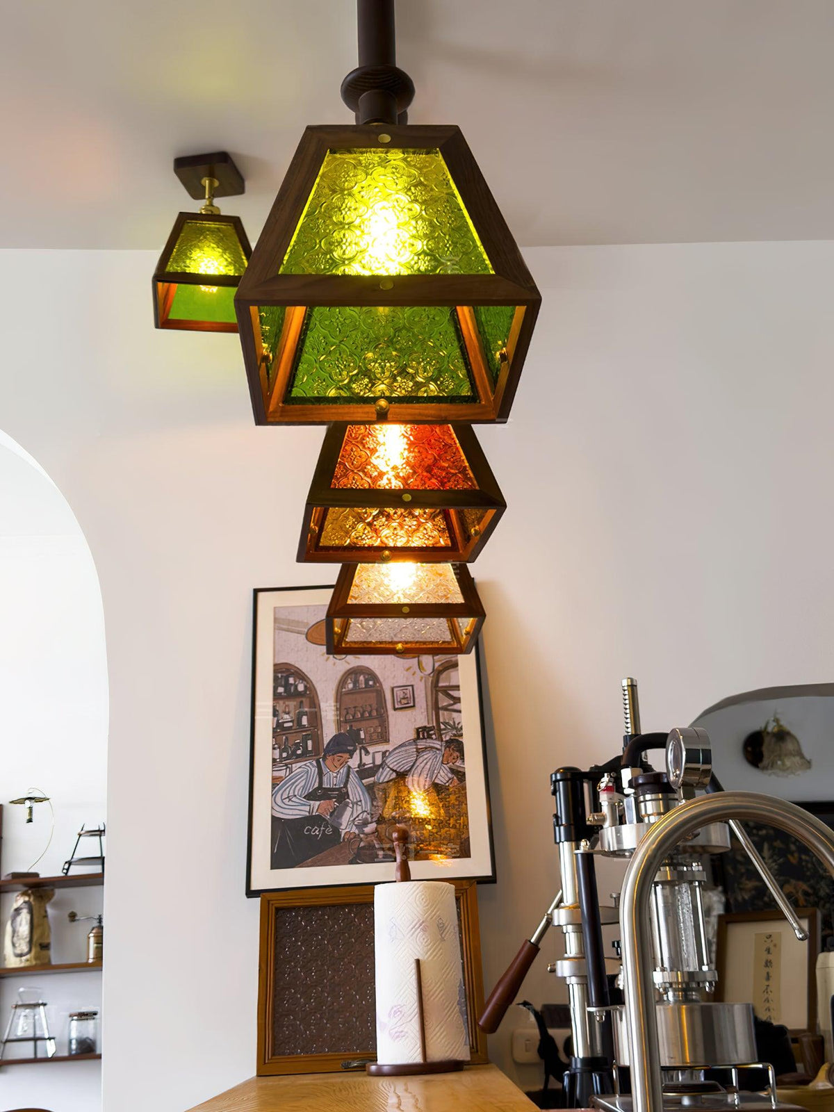 Eldaine Lampe Suspension en Verre et Bois à Style Vintage
