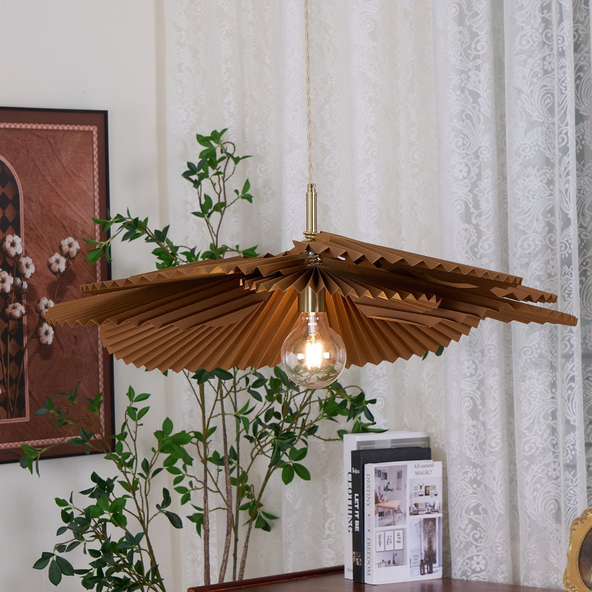 Pendant Light with Pleated Kraft Paper Petal Shade-Neutral Decor