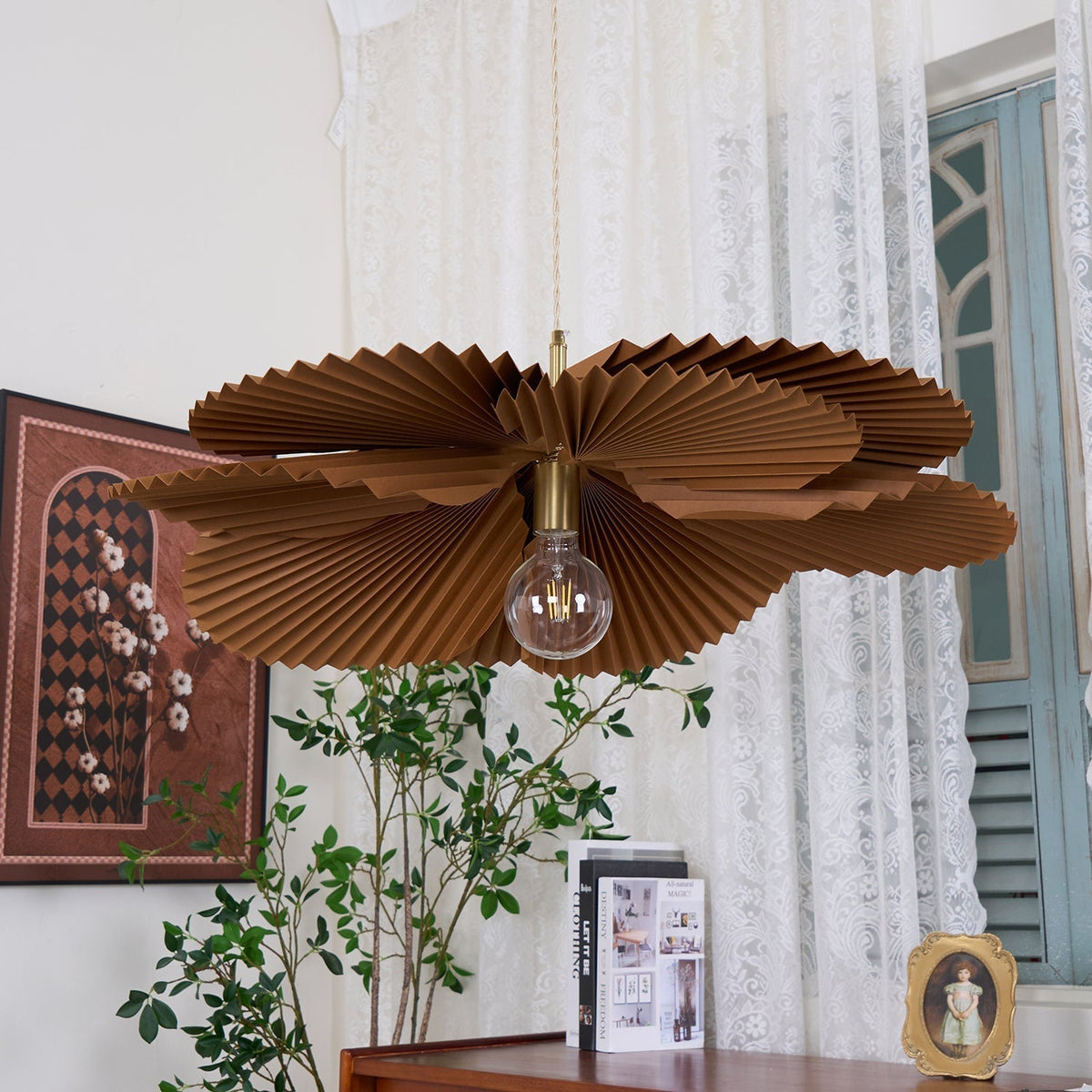 Pendant Light with Pleated Kraft Paper Petal Shade-Neutral Decor
