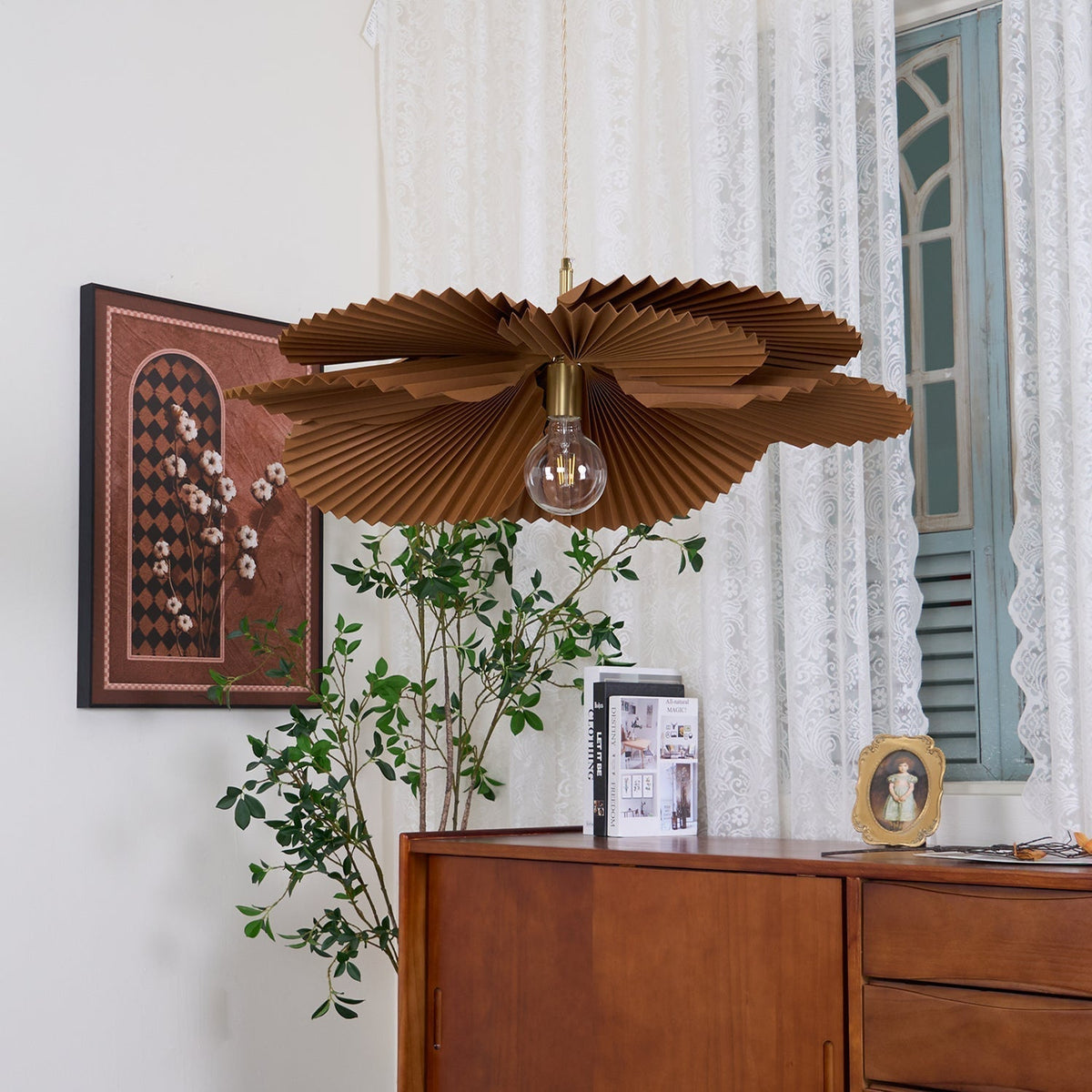 Pendant Light with Pleated Kraft Paper Petal Shade-Neutral Decor