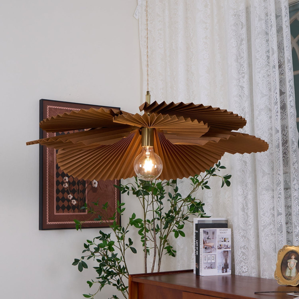 Pendant Light with Pleated Kraft Paper Petal Shade-Neutral Decor