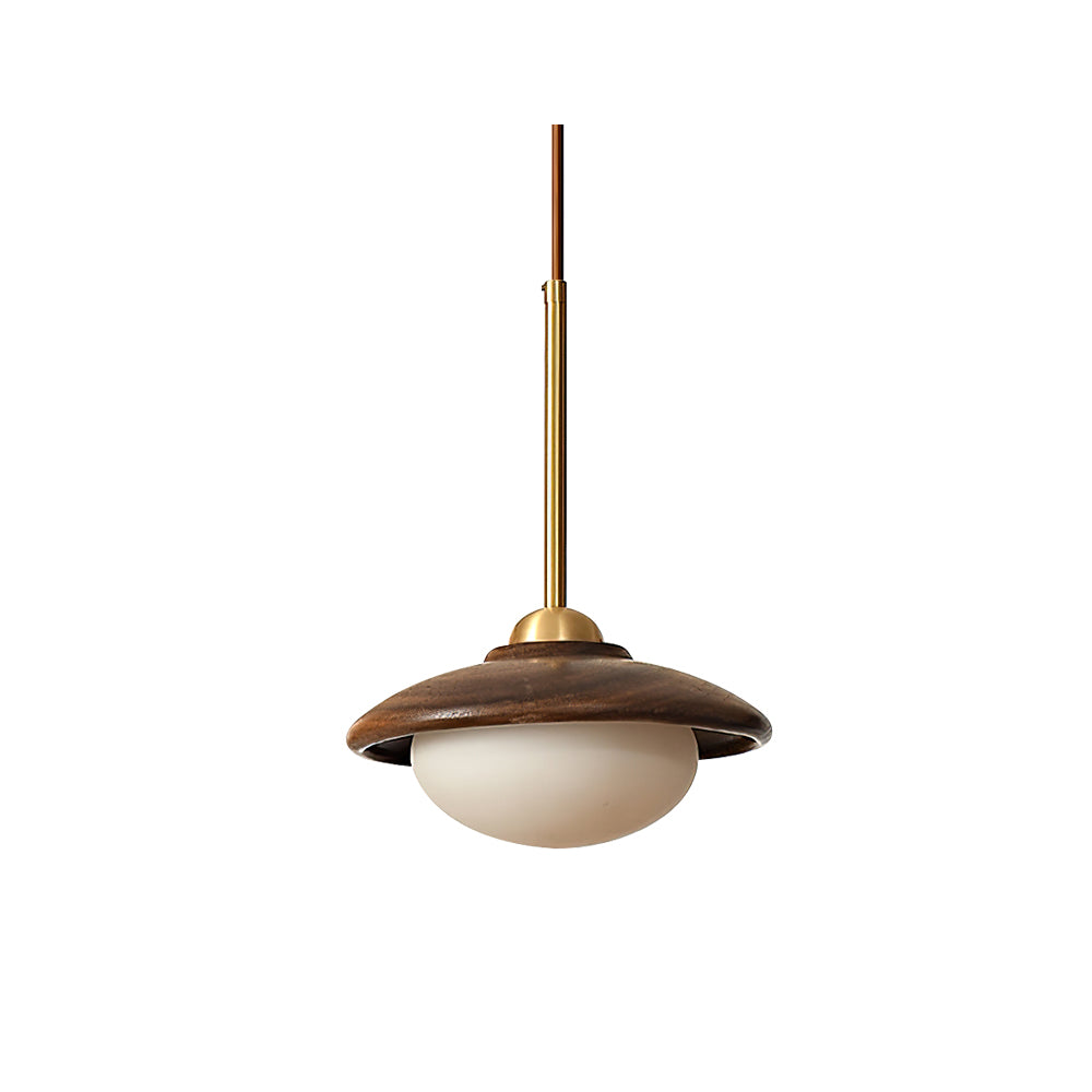 Milivia Pendant Light with a single frosted glass globe and walnut wood canopy.