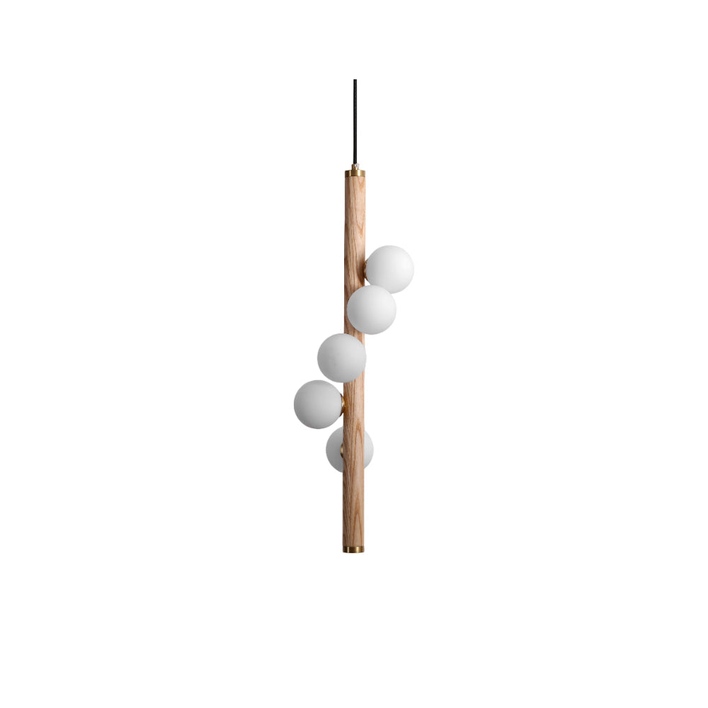 Miller Pendant Light with wooden frame and frosted glass globes.