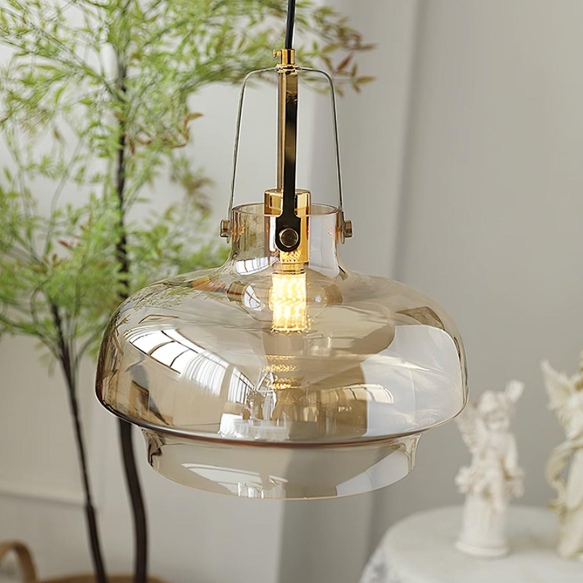 Aurelin Amber Glass Pendant Light with Brass Fittings-Neutral Decor