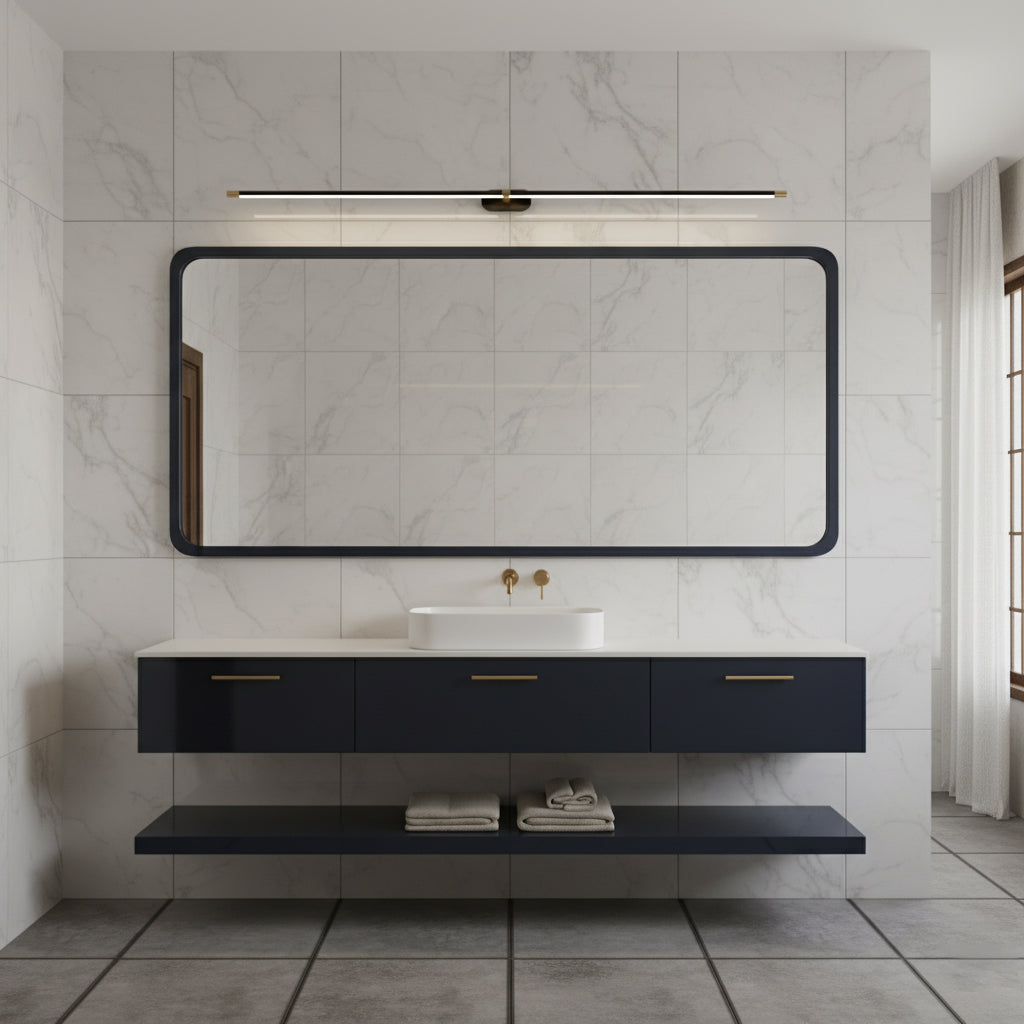 Three available finishes for the linear wall lamp: black, gold, and brushed nickel.