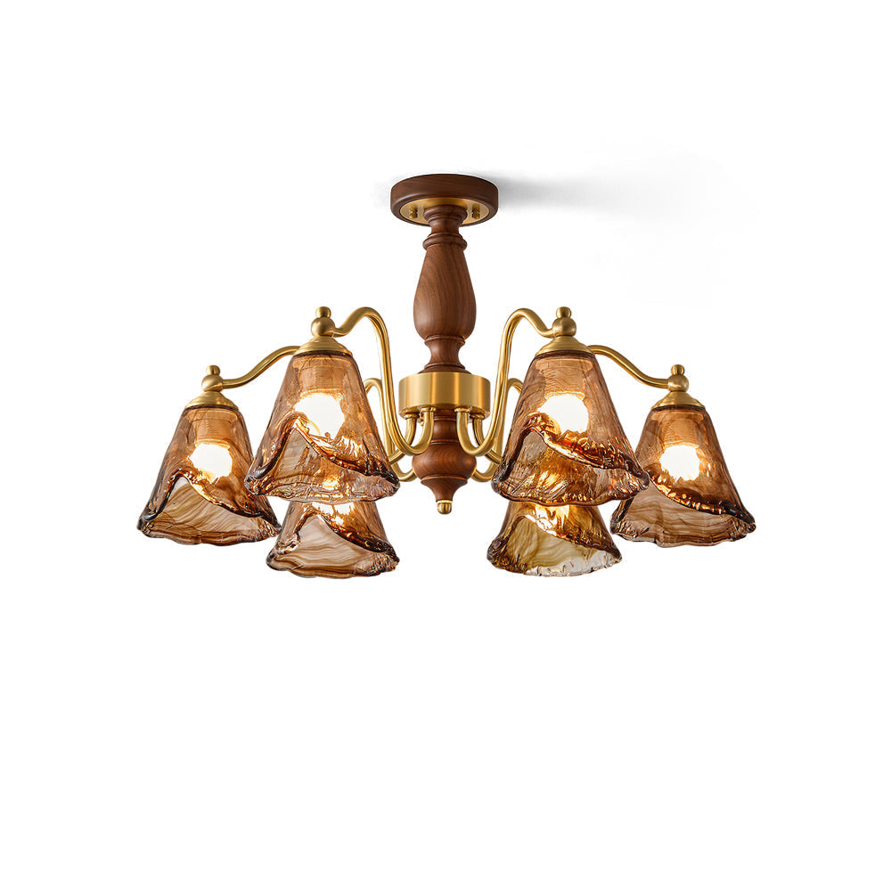 Mirabelle brown wood and brass chandelier with six lights.