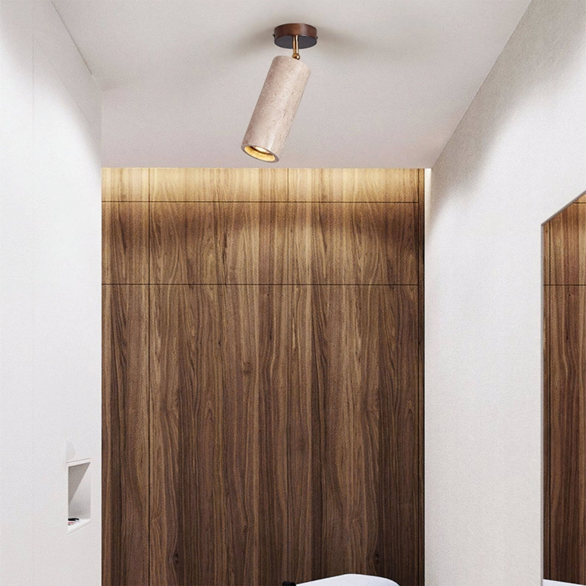 Detail shot of the warm wood canopy and adjustable joint.