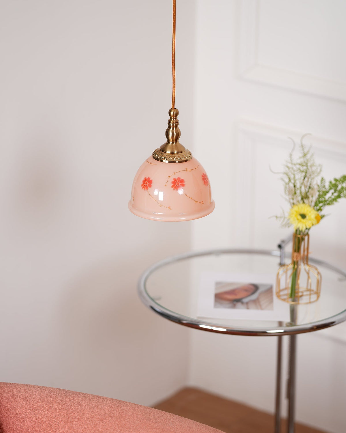 Pendant Lamp Brass and Glass Floral Pattern Dome Shade Vintage-Neutral Decor