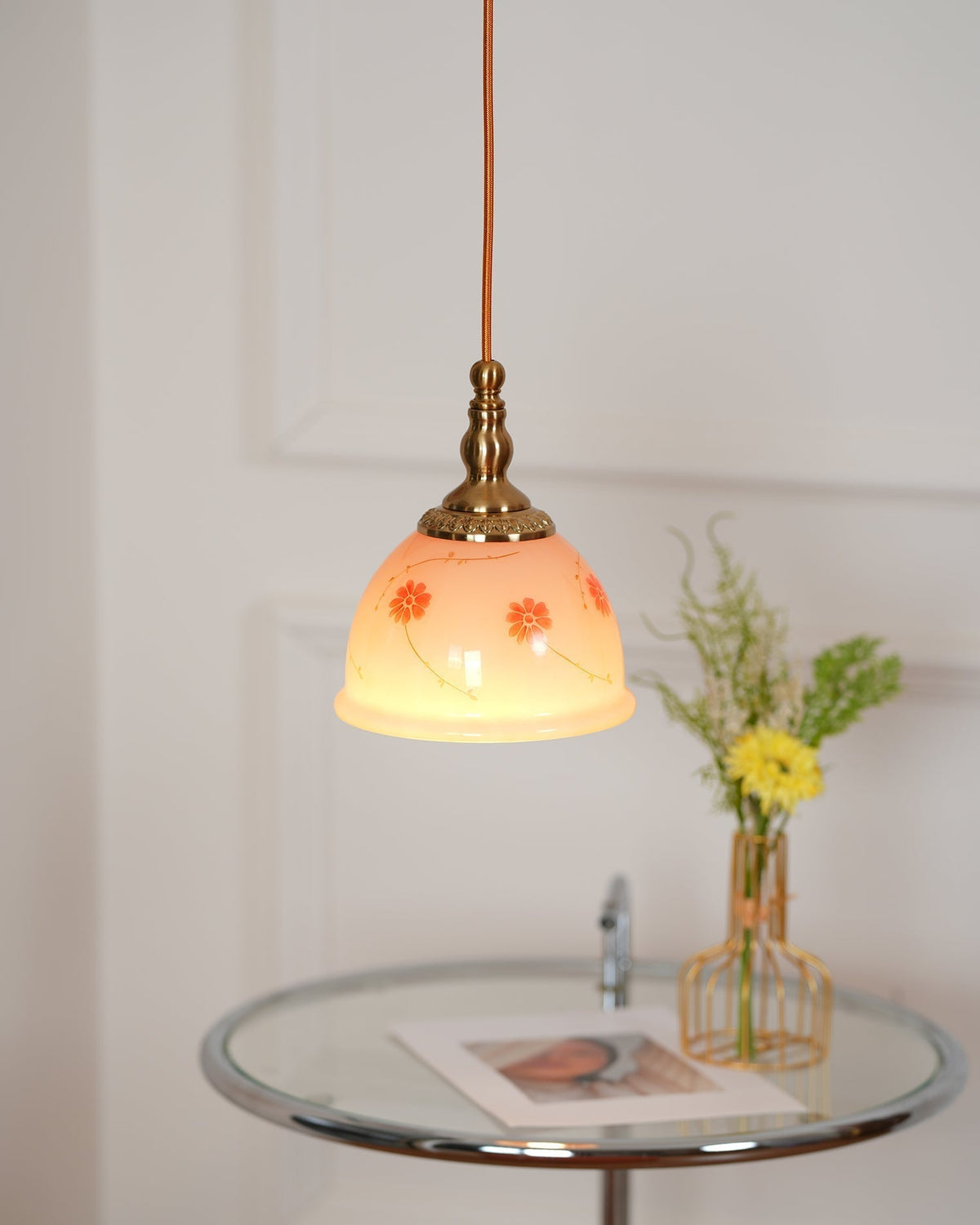 Pendant Lamp Brass and Glass Floral Pattern Dome Shade Vintage-Neutral Decor