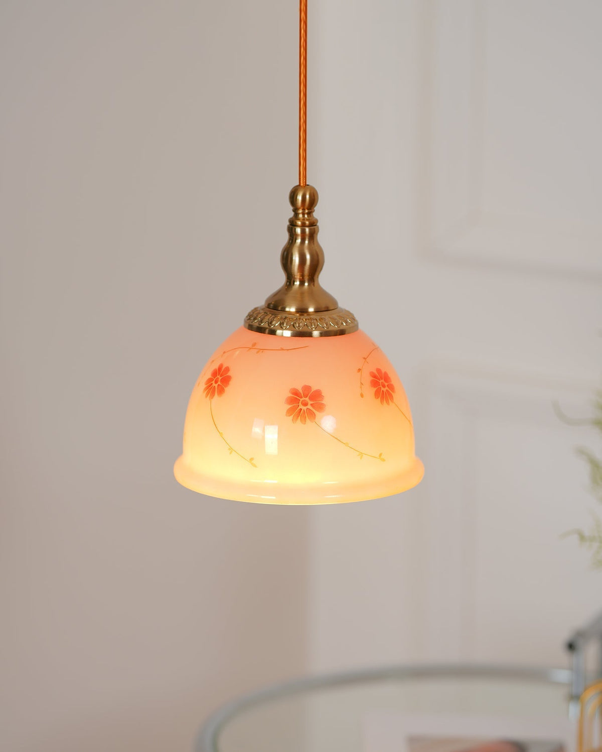 Pendant Lamp Brass and Glass Floral Pattern Dome Shade Vintage-Neutral Decor