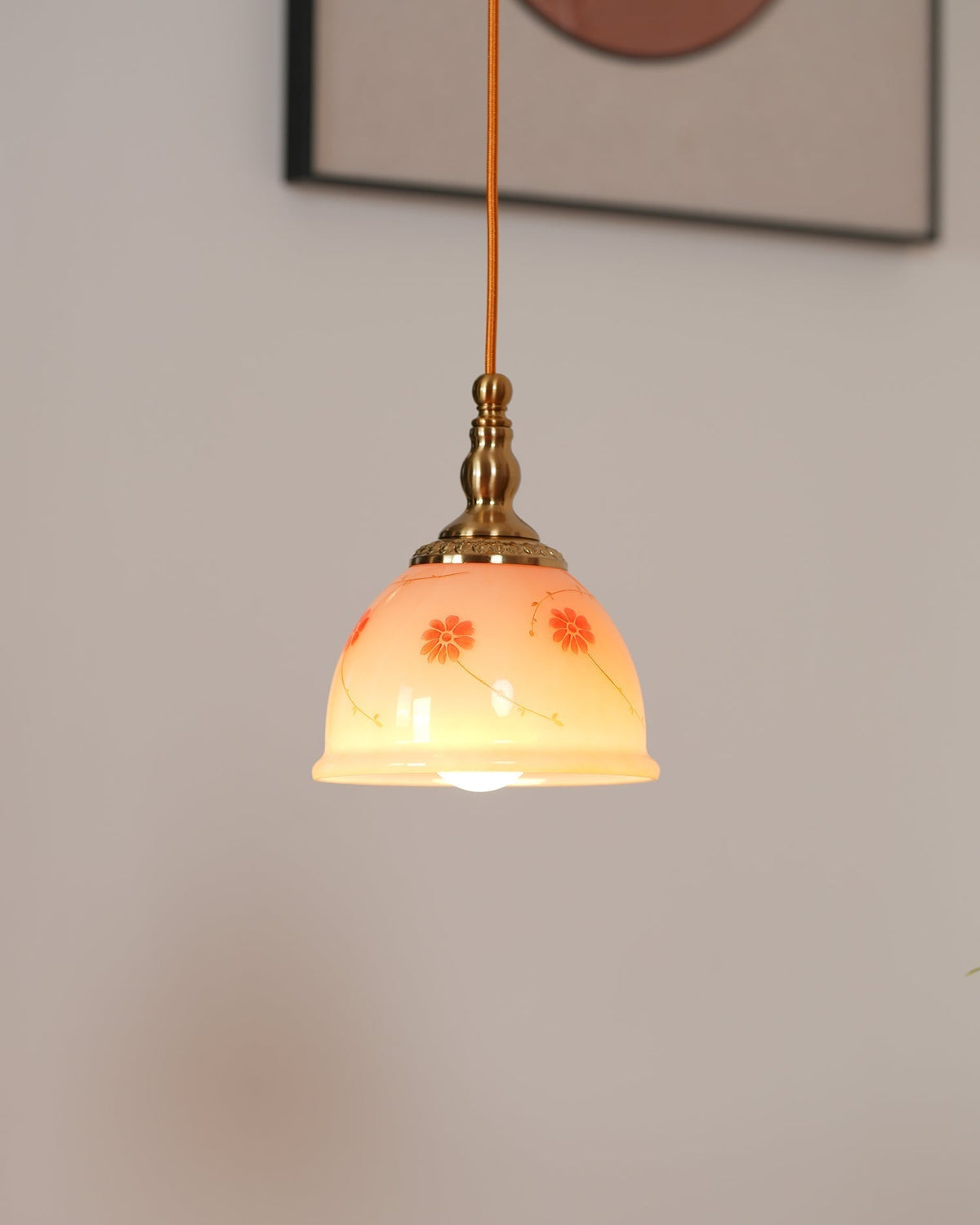 Pendant Lamp Brass and Glass Floral Pattern Dome Shade Vintage-Neutral Decor