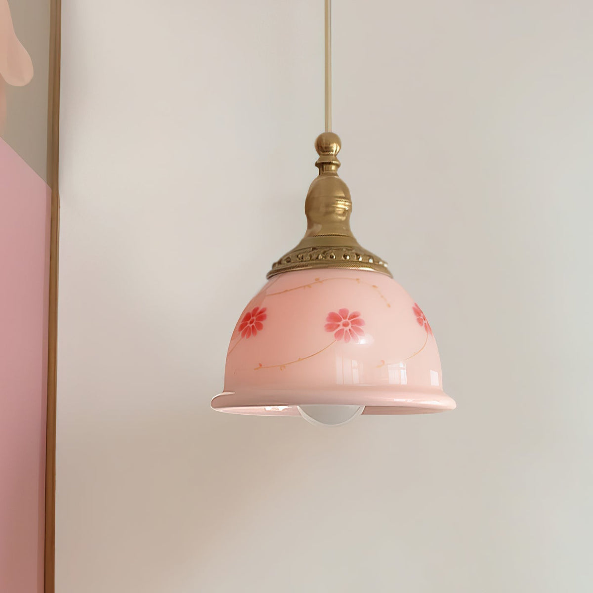 Pendant Lamp Brass and Glass Floral Pattern Dome Shade Vintage-Neutral Decor