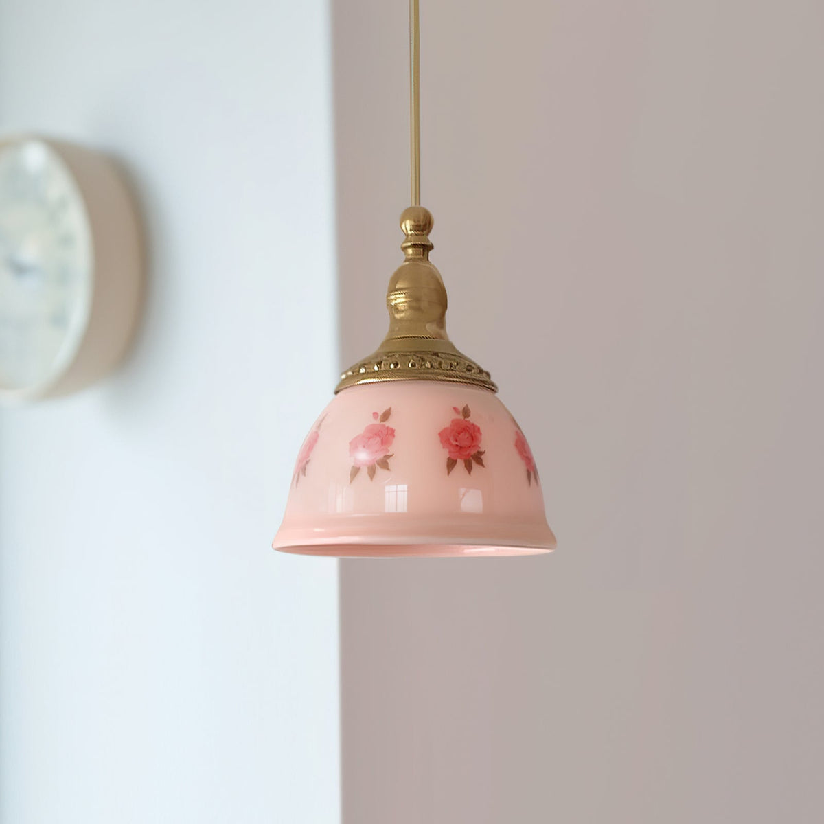 Pendant Lamp Brass and Glass Floral Pattern Dome Shade Vintage-Neutral Decor