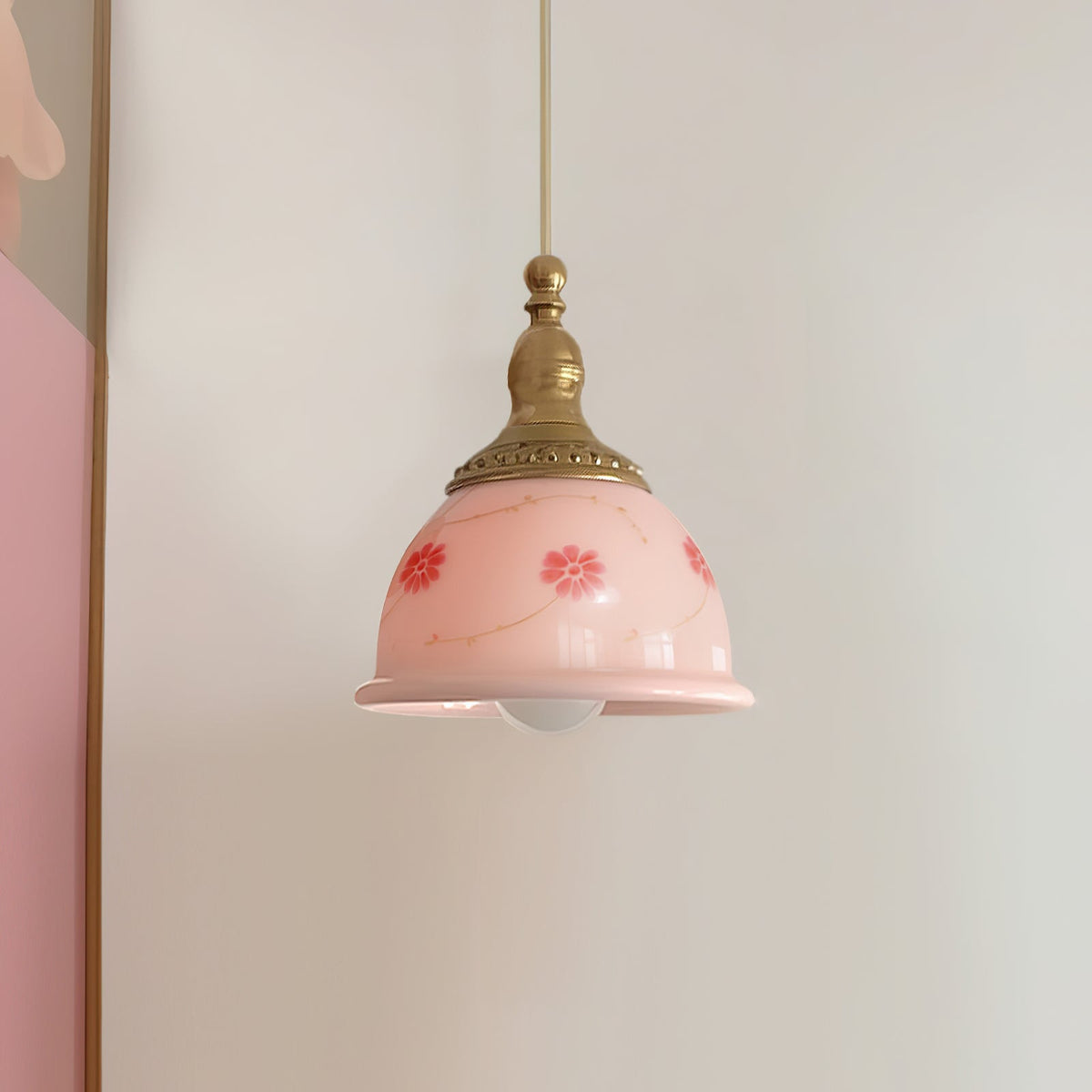 Pendant Lamp Brass and Glass Floral Pattern Dome Shade Vintage-Neutral Decor