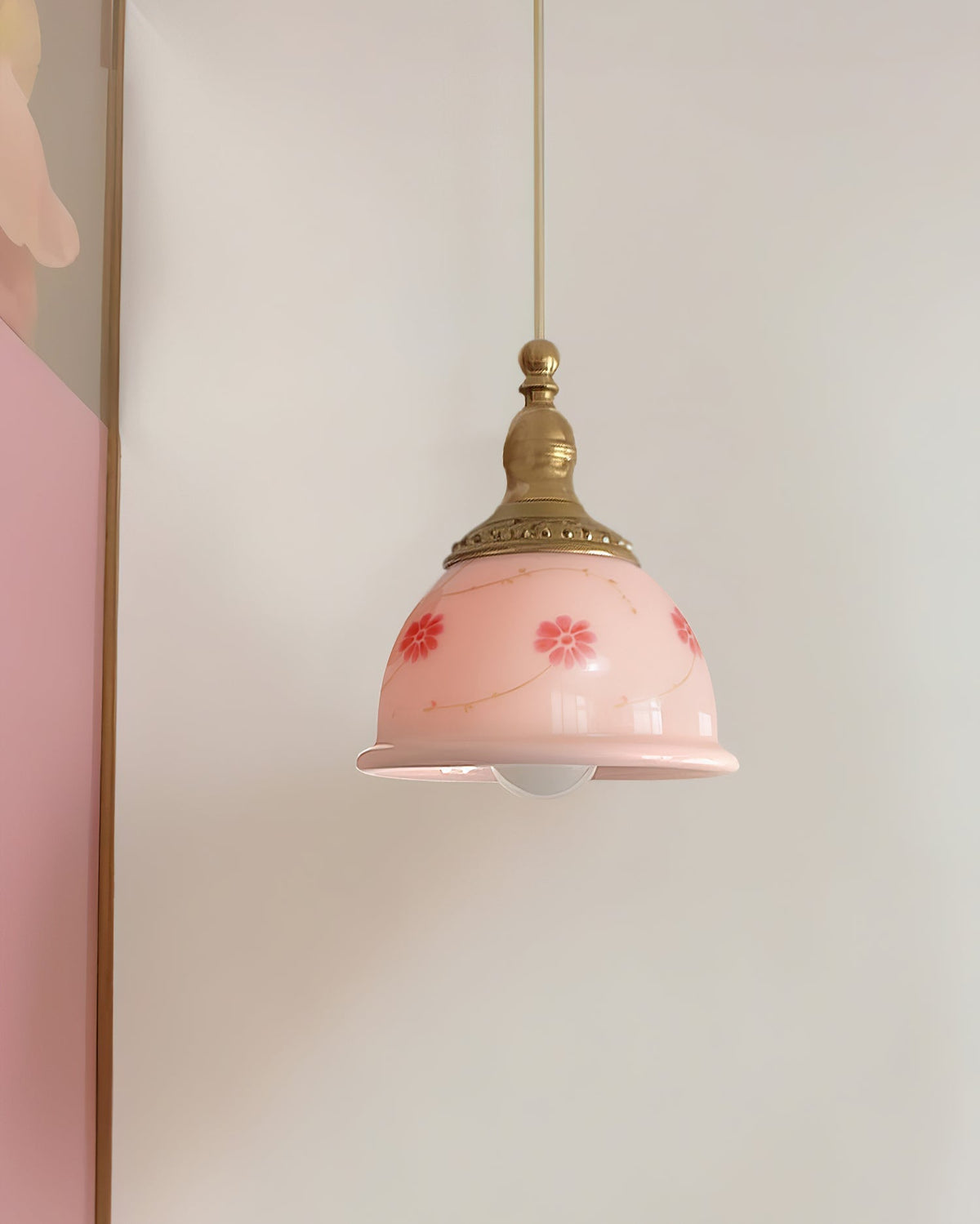 Pendant Lamp Brass and Glass Floral Pattern Dome Shade Vintage-Neutral Decor