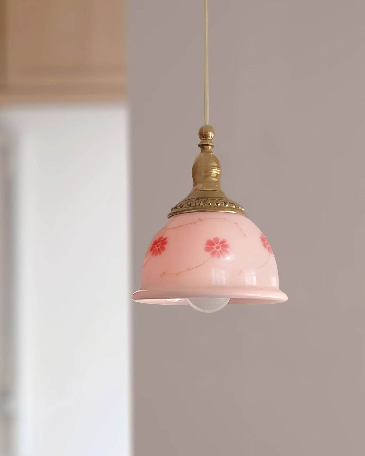 Pendant Lamp Brass and Glass Floral Pattern Dome Shade Vintage-Neutral Decor