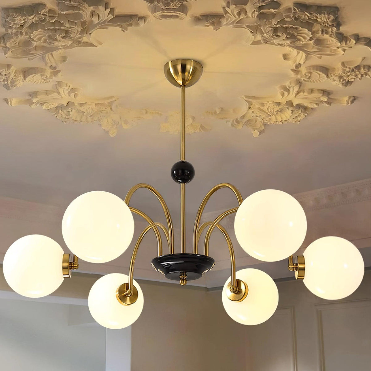 Chandelier Curved Arms Globe Shades Modern Retro Style Dining-Neutral Decor