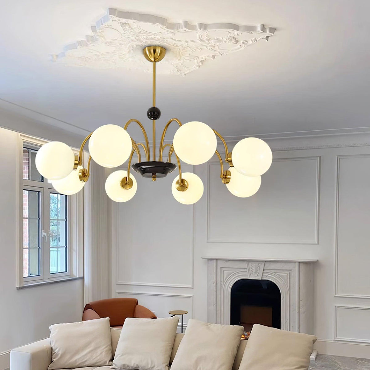 Chandelier Curved Arms Globe Shades Modern Retro Style Dining-Neutral Decor
