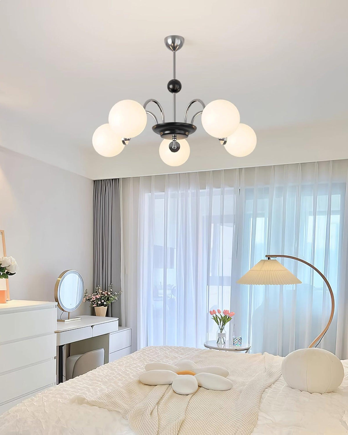 Chandelier Curved Arms Globe Shades Modern Retro Style Dining-Neutral Decor